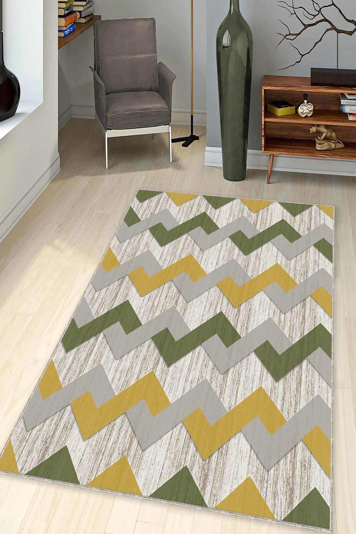 Viva Home KN006 Sarı-Yeşil 7 mm Mikropolyester Yalıtıma Yardımcı Yıkanabilir İnce Kaymaz Taban Dikdörtgen Makine Dokuma Antre-Salon-Yatak Odası Halısı 80x500 cm