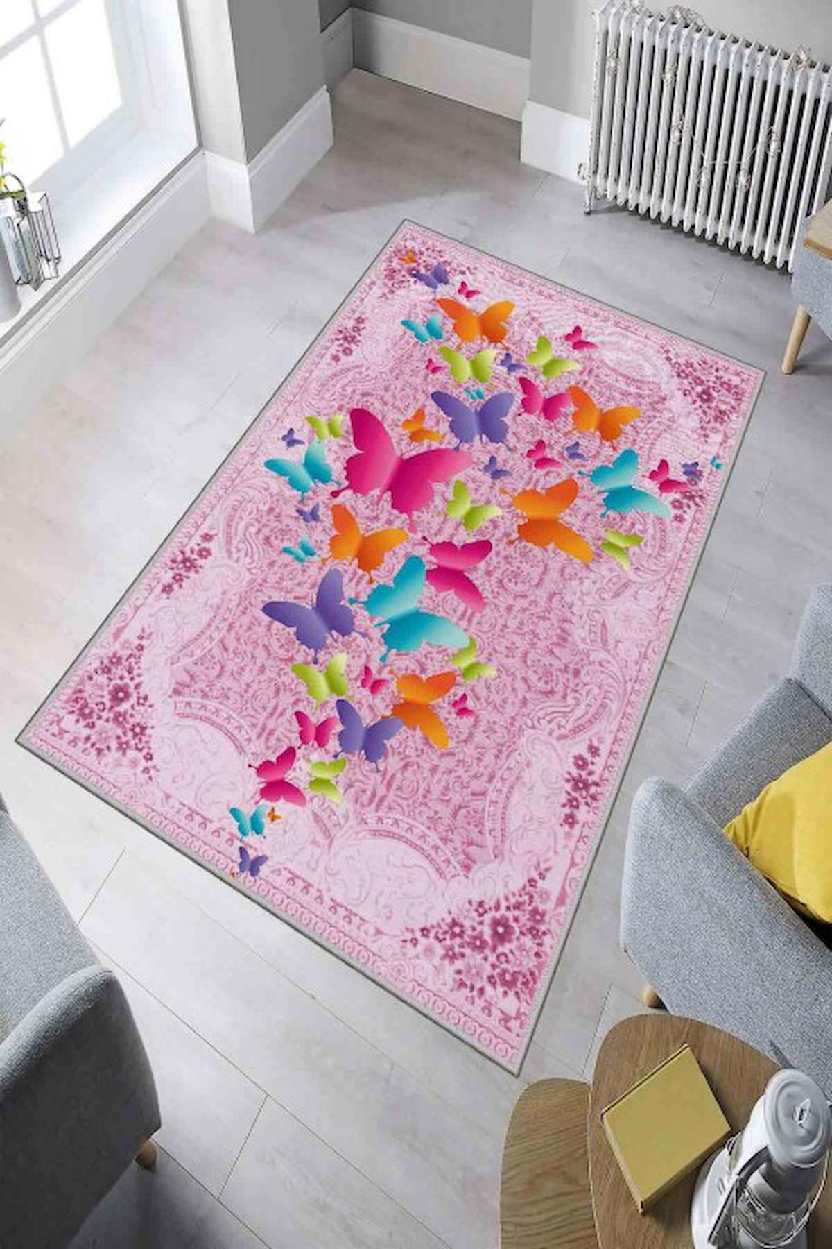 Homefesto Krem 5 mm Polyester Leke Tutmaz Yıkanabilir İnce Kaymaz Taban Hayvan Desenli Dikdörtgen Makine Dokuma Salon Halısı 150x233 cm