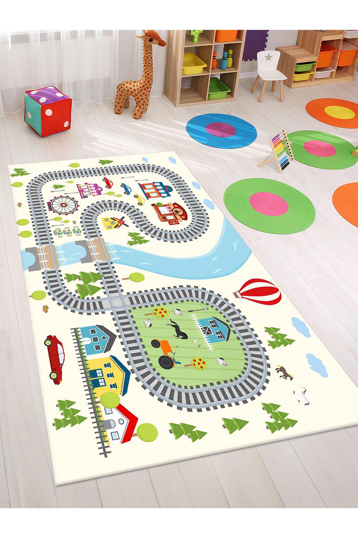 İnspira Yeşil 12 mm Polyester Antibakteriyel Yıkanabilir İnce Kaymaz Dot Taban Dikdörtgen Makine Dokuma Çocuk Odası Halısı 100x200 cm