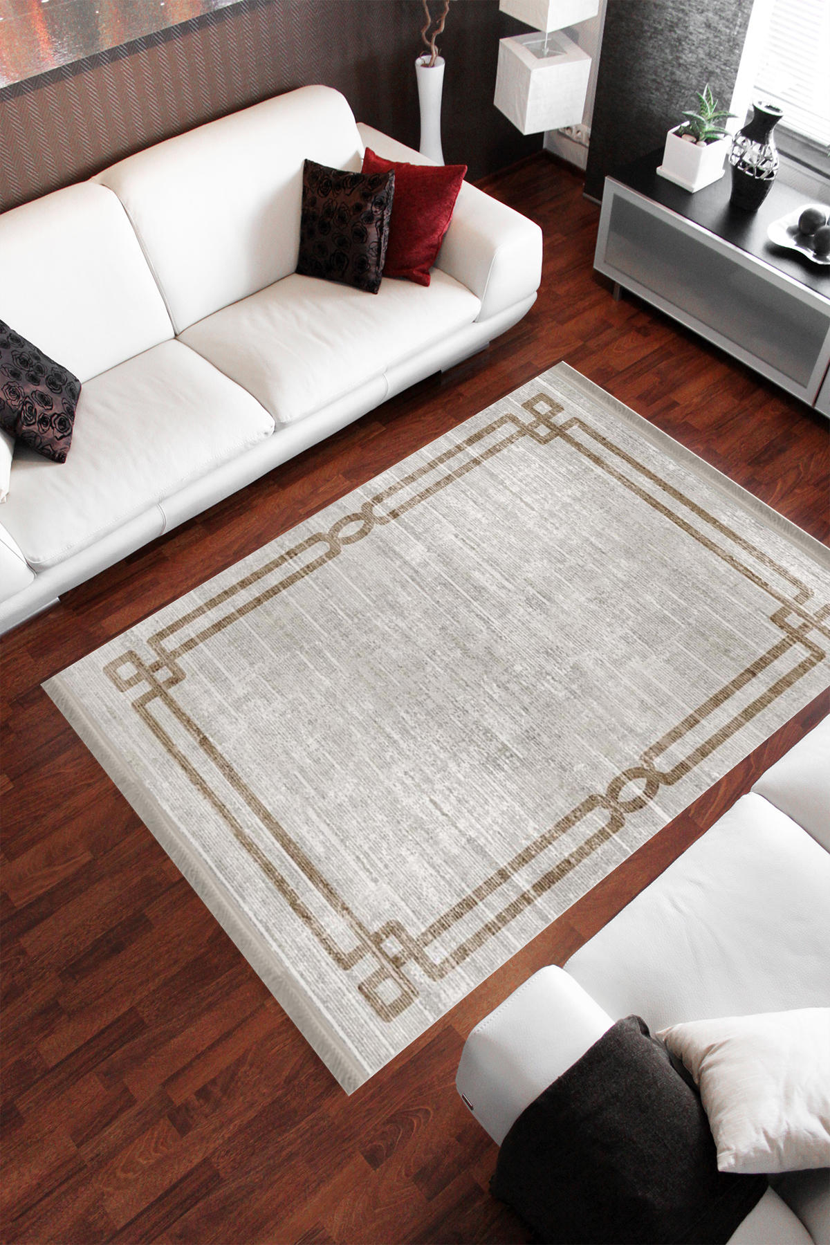 Homier Collection H-MD-0063D Altın-Bej 7 mm Pamuk Antibakteriyel Yıkanabilir Orta Kaymaz Dot Taban Dikdörtgen Makine Dokuma Salon Halısı 100x160 cm