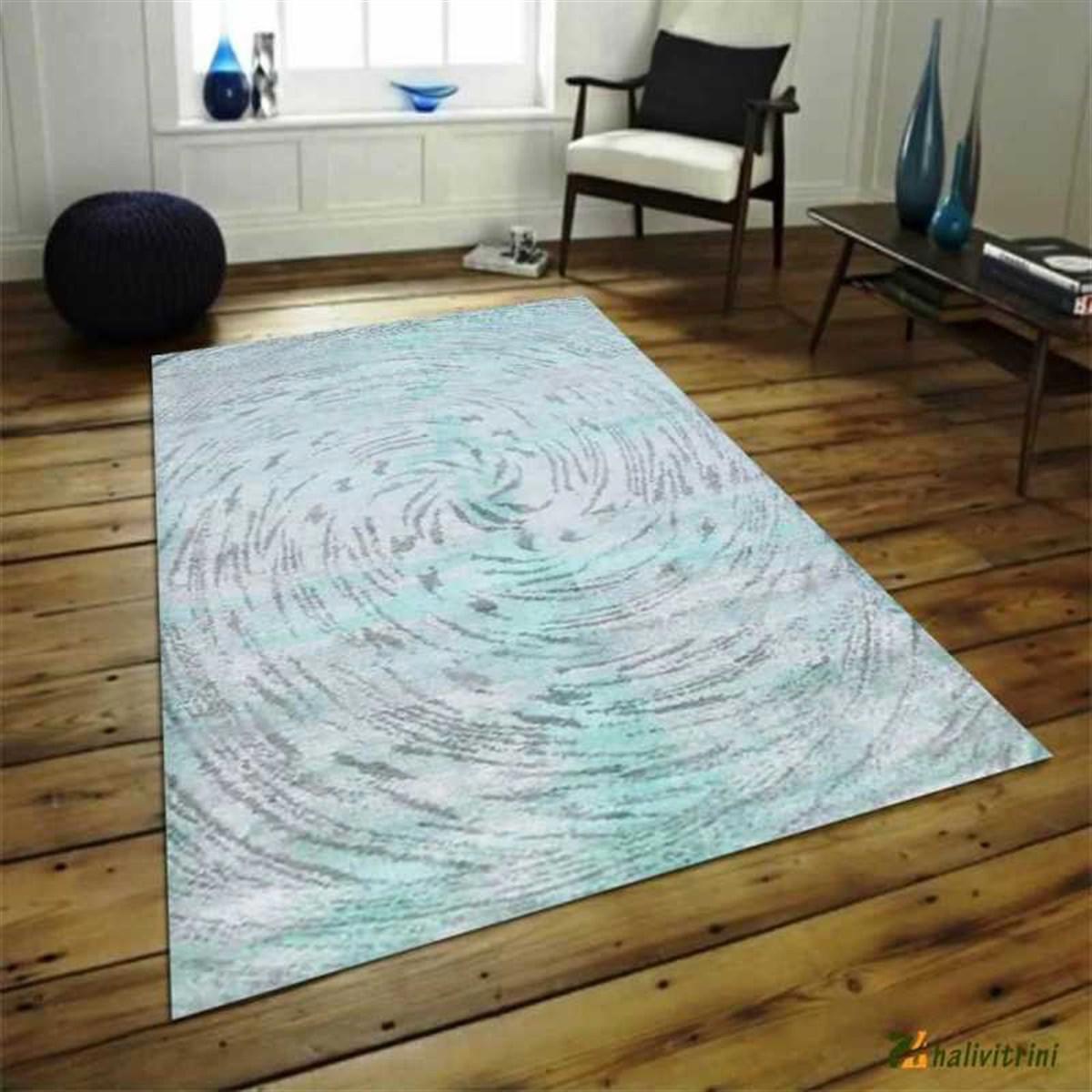 Hitit 4005 Mavi 5 mm Polyester Leke Tutmaz Yıkanabilir İnce Kaymaz Dikdörtgen Makine Dokuma Salon Halısı 130x190 cm