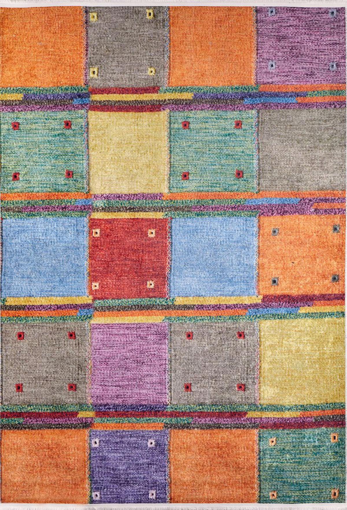 Halı Atölyesi Çok Renkli 54 mm Pamuk Yıkanabilir İnce Kaymaz Taban Dikdörtgen Makine Dokuma Salon Halısı 140x200 cm