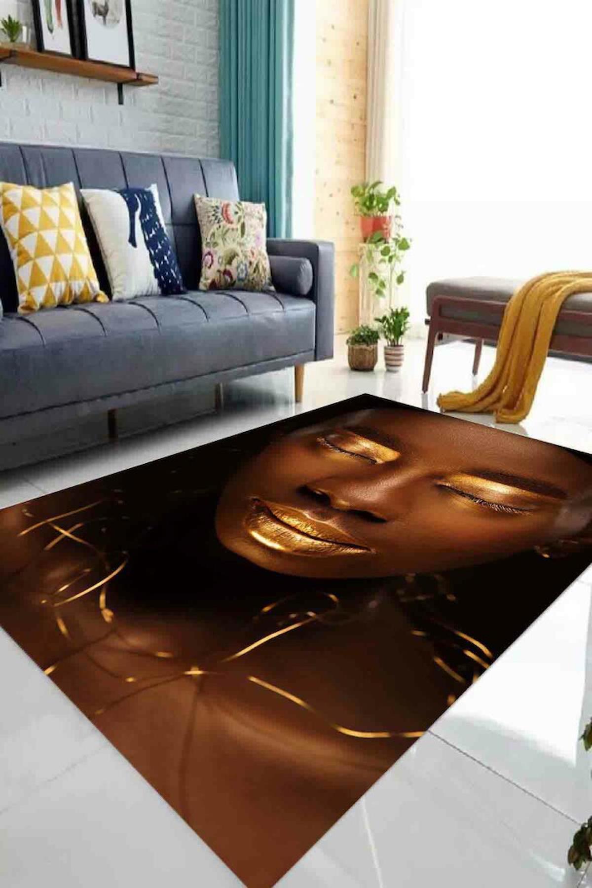 Homefesto Krem 5 mm Polyester Leke Tutmaz Yıkanabilir İnce Kaymaz Taban Figürlü Dikdörtgen Makine Dokuma Salon Halısı 80x150 cm