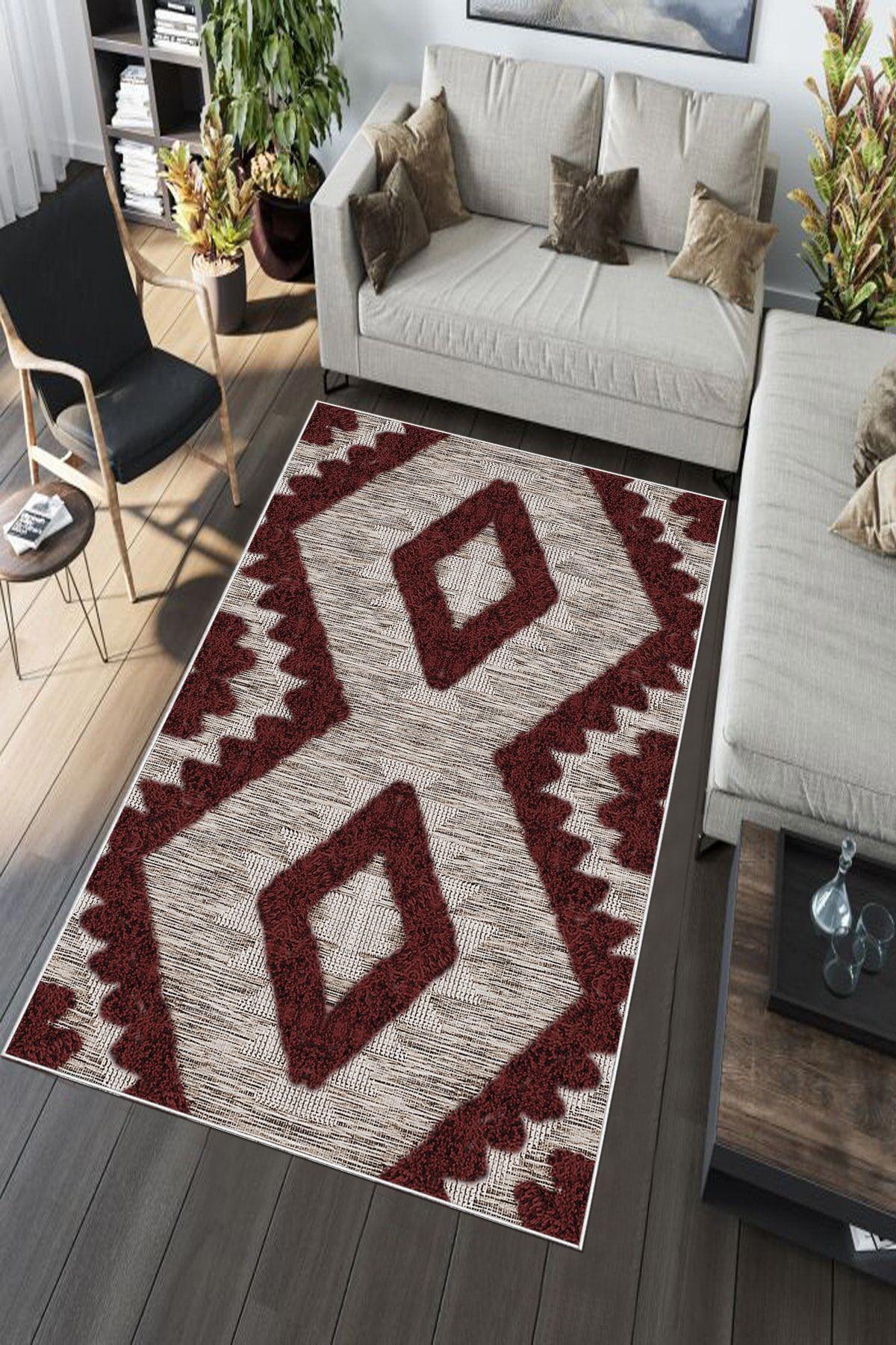 Aldora A130 Bordo 9 mm Deri Leke Tutmaz-Toz Tutmaz Yıkanabilir Orta Kaymaz Deri Taban Dikdörtgen Makine Dokuma Salon Halısı 100x200 cm