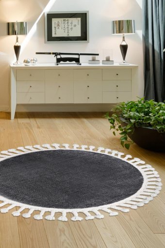 Dijidekor Gri 7 mm Polyester Antibakteriyel Yıkanabilir Orta Kaymaz Dot Taban Yuvarlak Makine Dokuma Salon Halısı 135x210 cm
