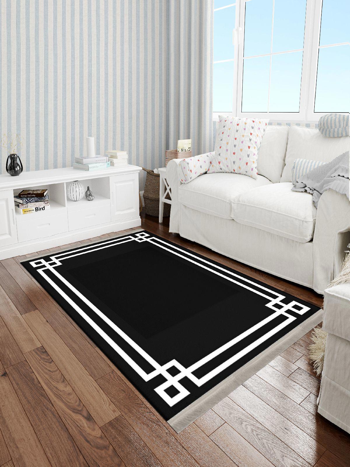 Enbe Collection E-MD0066B Beyaz - Siyah 5 mm Pamuk Antibakteriyel Yıkanabilir Orta Kaymaz Dot Taban Dikdörtgen Makine Dokuma Oturma Odası Halısı 120x120 cm