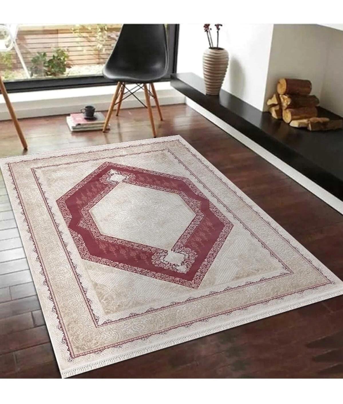 Merinos  Rodin 19769 Bej-Pembe Mikropolyester Yıkanabilir Kalın Kaymaz Lateks Taban Dikdörtgen Makine Dokuma Salon Halısı