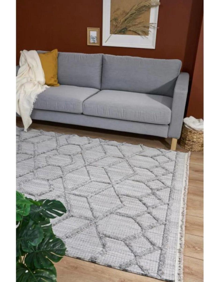Homeva 9522 Gri 6-12 mm Polyester Yıkanabilir Orta Kaymaz Dikdörtgen Makine Dokuma Salon Halısı 80x200 cm
