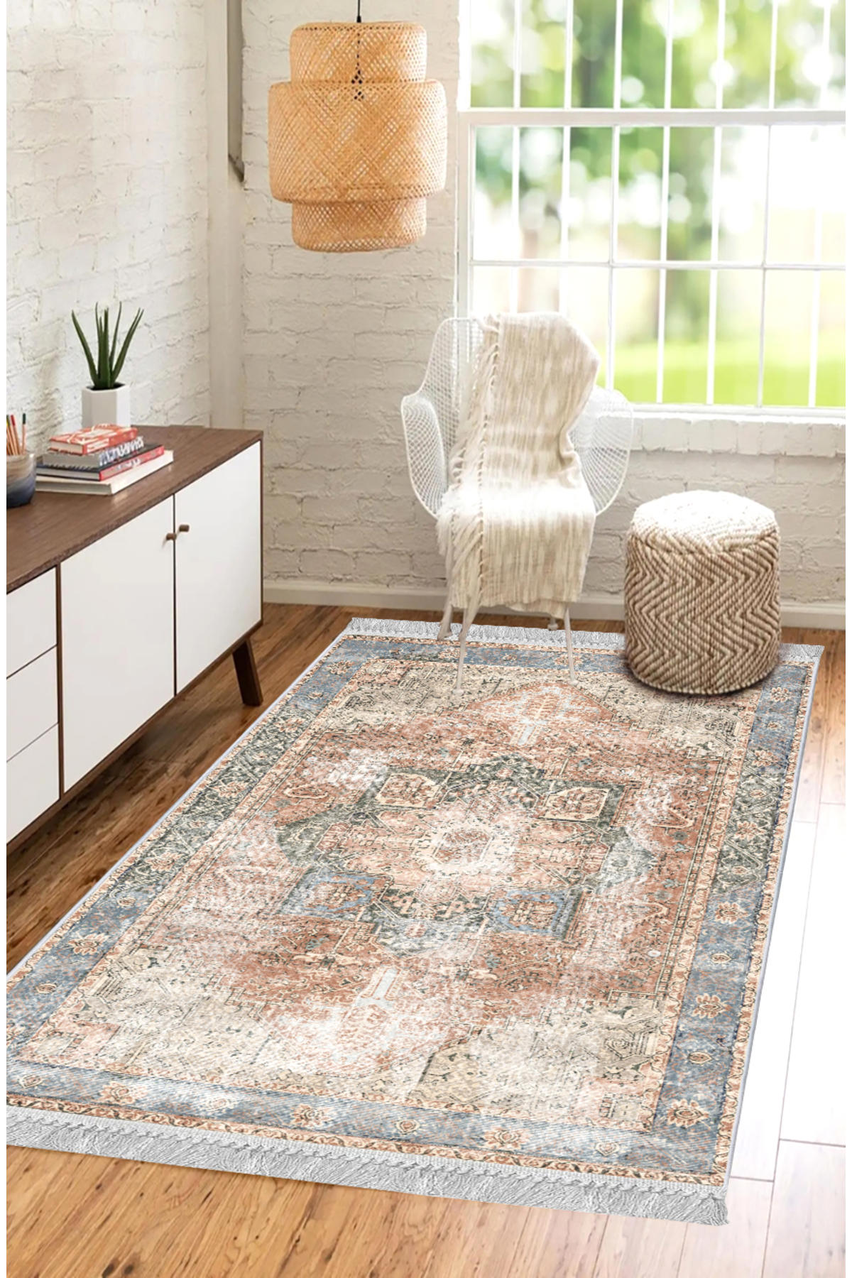 Artizon ART229 Bej 0.8 mm Polyester Toz Tutmaz Yıkanabilir İnce Kaymaz Dot Taban Dikdörtgen Makine Dokuma Salon Halısı 140x190 cm