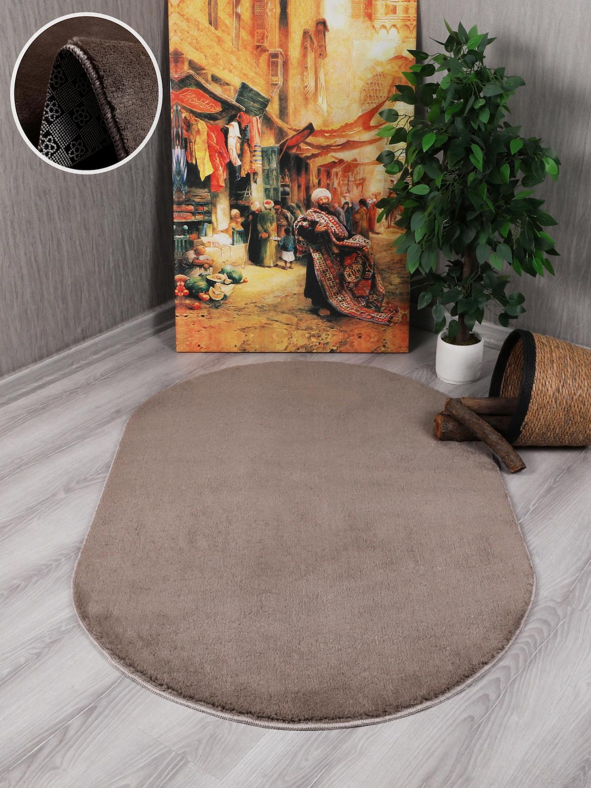 My Evilla Kahverengi 10 mm Polyester Leke Tutmaz Yıkanabilir Kalın Kaymaz Jel Taban Oval Makine Dokuma Yatak Odası Halısı 80x500 cm
