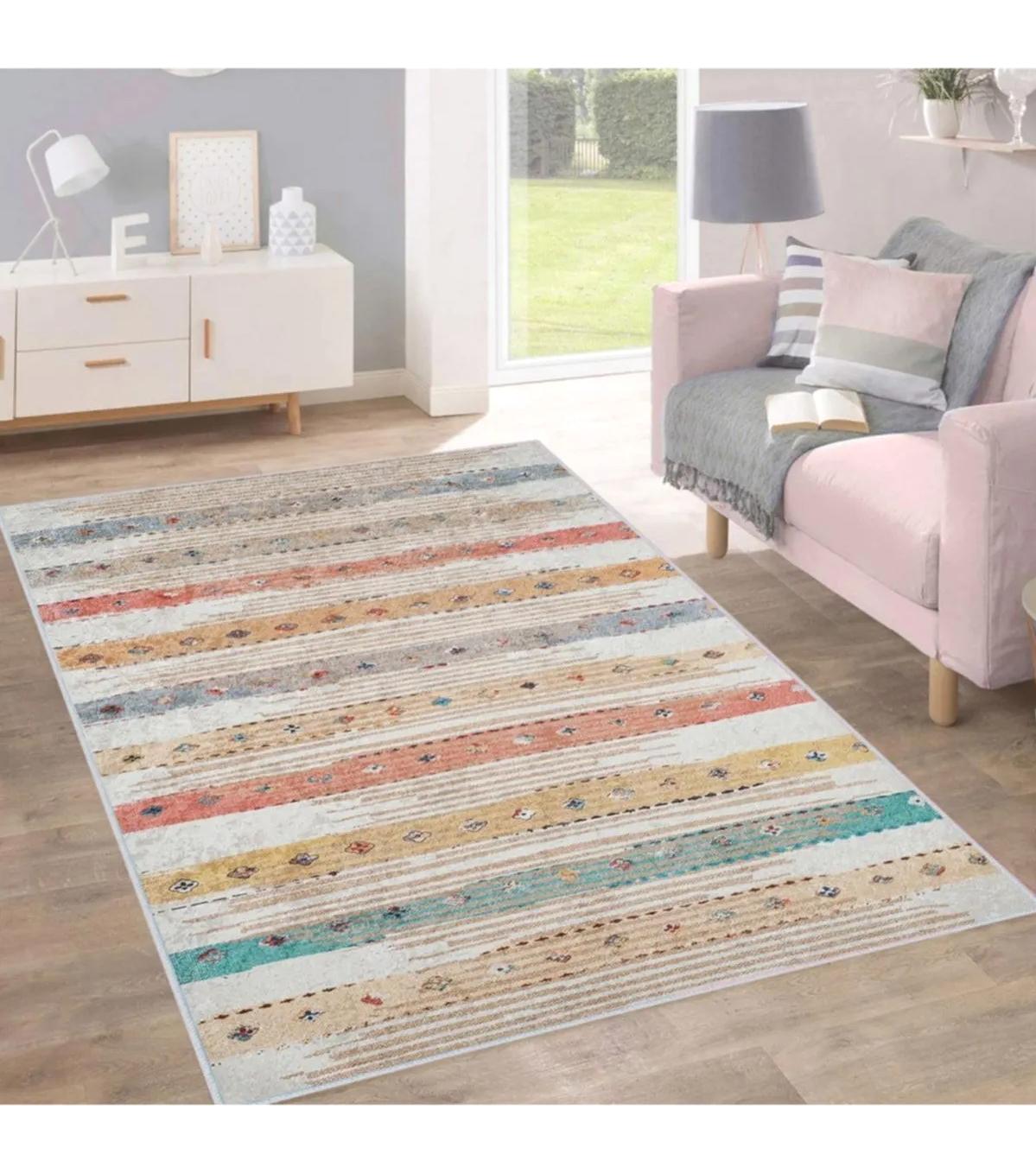Rovigo Home RVG1723 Krem 8 mm Polyester Antibakteriyel-Leke Tutmaz-Toz Tutmaz Yıkanabilir İnce Kaymaz Dot Taban Dikdörtgen Makine Dokuma Salon Halısı 100x200 cm
