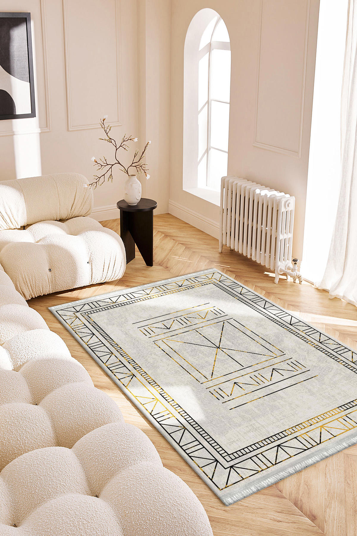 Roslyn Home Ekru 6 mm Polyester Toz Tutmaz Yıkanabilir İnce Kaymaz Dot Taban Geometrik Dikdörtgen Makine Dokuma Salon Halısı 100x300 cm