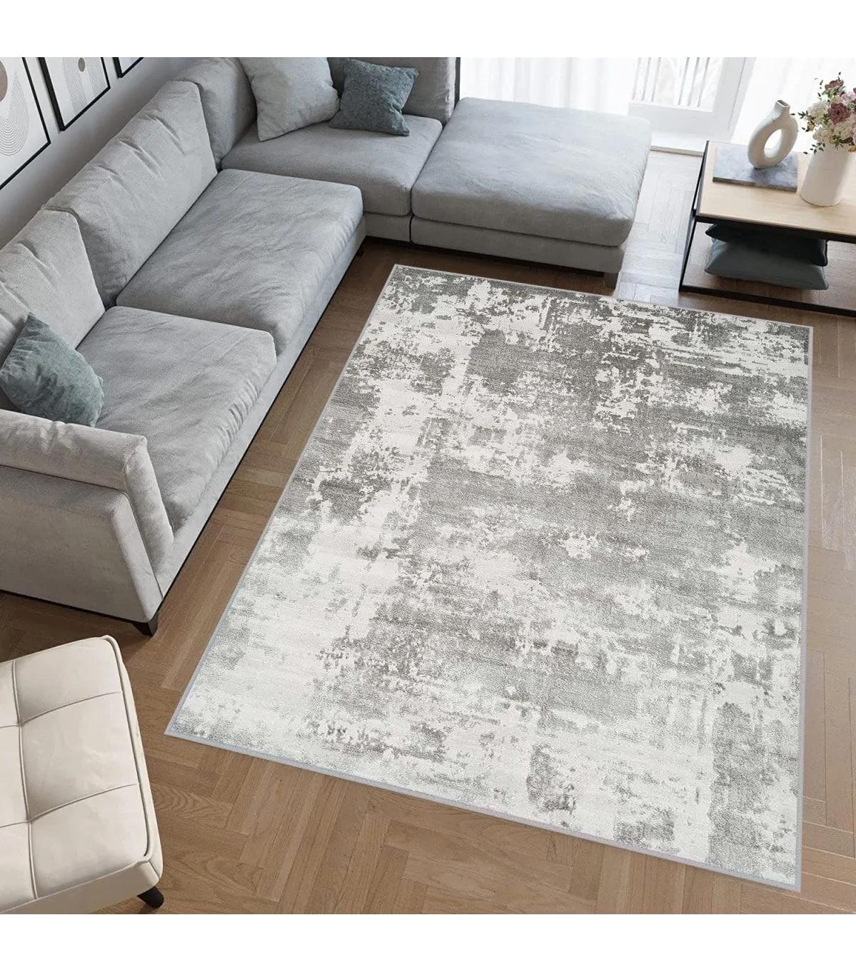 Rovigo Home RVG0504 Gri 8 mm Polyester Antibakteriyel-Leke Tutmaz-Toz Tutmaz Yıkanabilir İnce Kaymaz Dot Taban Dikdörtgen Makine Dokuma Salon Halısı 160x230 cm