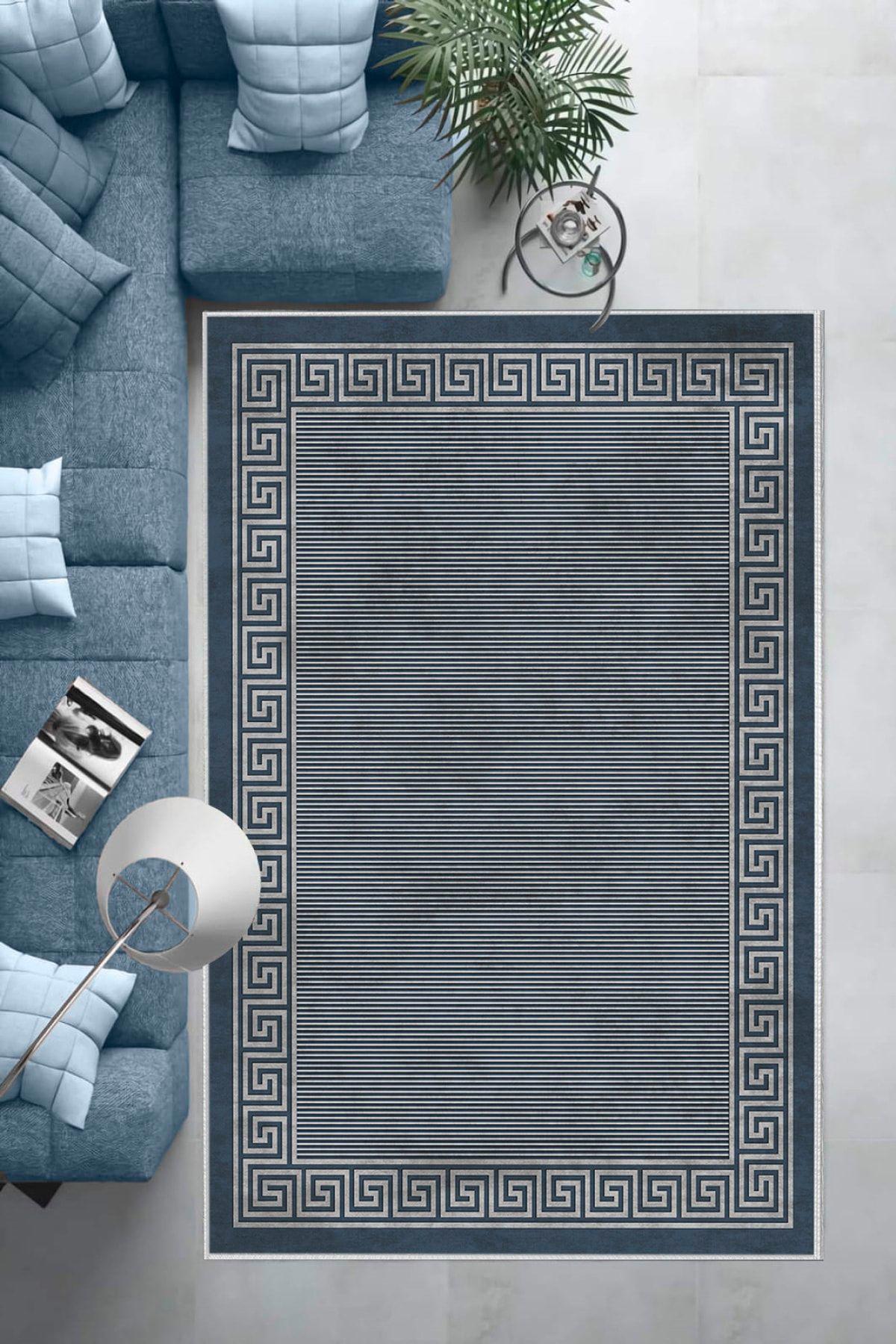 Aldora B1201 Mavi 9 mm Deri Leke tutmaz Yıkanabilir İnce Kaymaz Deri Taban Dikdörtgen Makine Dokuma Salon Halısı 100x200 cm