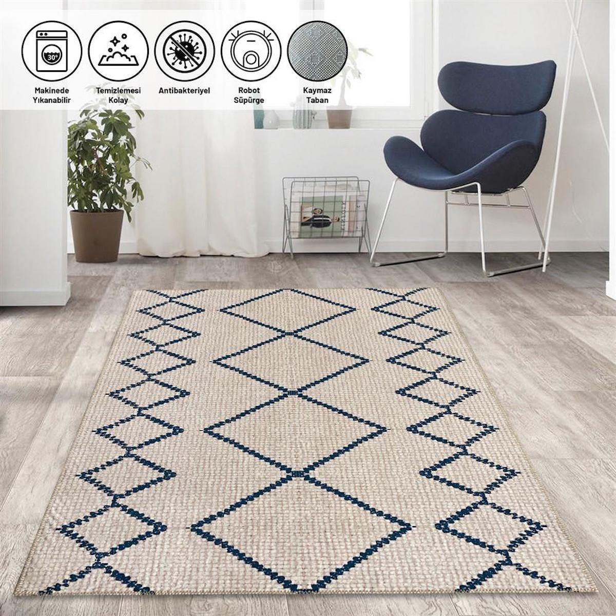 Carpettex Krem 6 mm Polyester Yıkanabilir İnce Kaymaz Taban Dikdörtgen Makine Dokuma Oturma Odası-Salon Halısı 100x150 cm