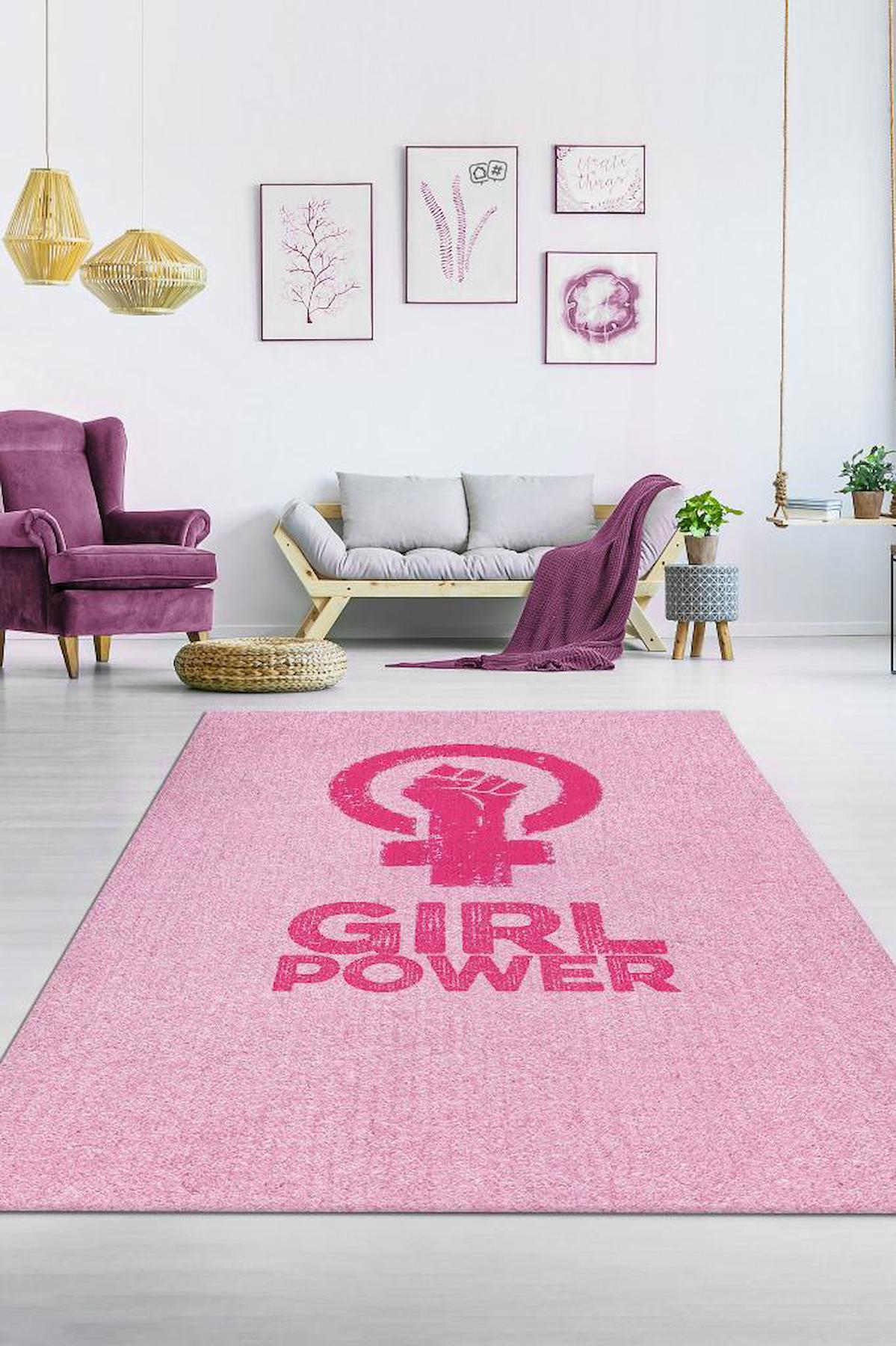 Homshtag Kadın Gücü Pembe 4 mm Pamuk Antistatik Yıkanabilir İnce Kaymaz Dikdörtgen Makine Dokuma Salon Halısı 80x150 cm