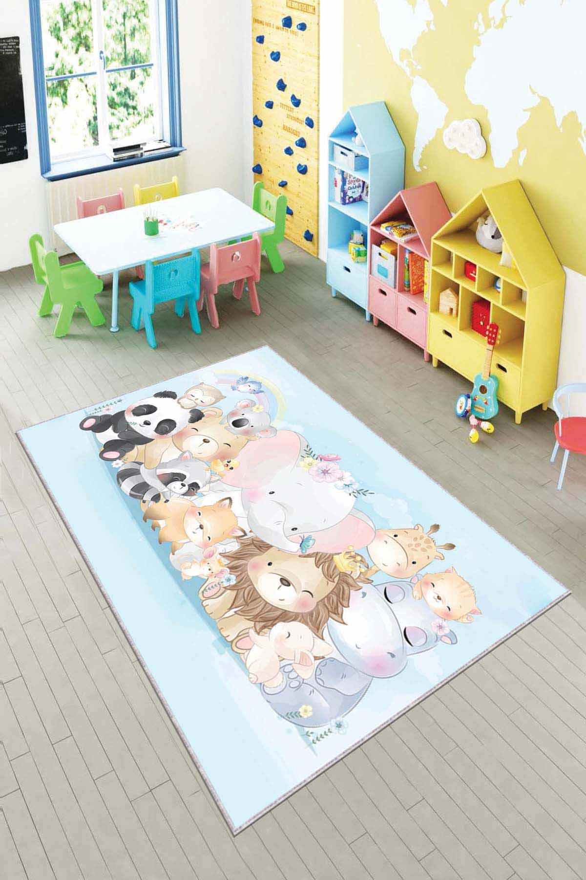 Viva Home AR086 Mavi 7 mm Mikropolyester Leke tutmaz Yıkanabilir İnce Kaymaz Dot Taban Dikdörtgen Makine Dokuma Çocuk Odası Halısı 80x500 cm