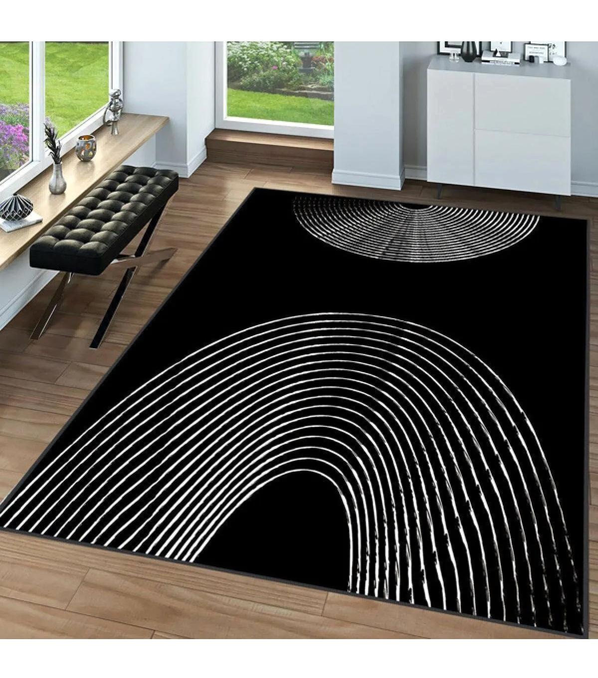 Rovigo Home RVG0086-SD906 Gri-Siyah 8 mm Polyester Yıkanabilir Orta Kaymaz Dot Taban Dikdörtgen Makine Dokuma Salon Halısı 100x150 cm