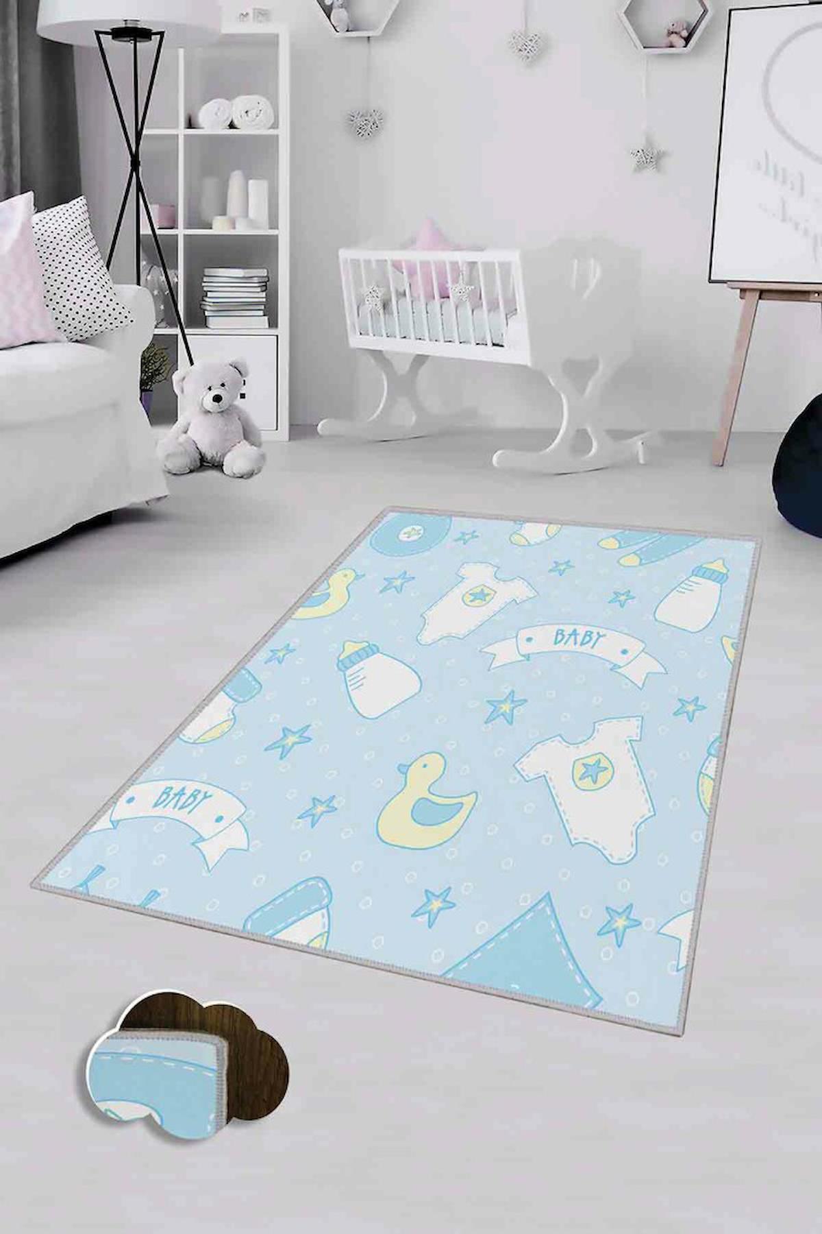 Homefesto Krem 5 mm Polyester Leke Tutmaz Yıkanabilir İnce Kaymaz Taban Dikdörtgen Makine Dokuma Çocuk Odası Halısı 100x150 cm