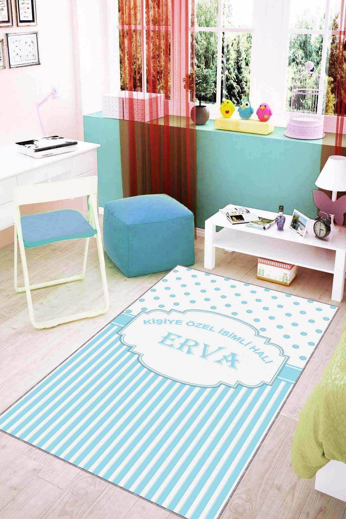 Viva Home KD10 Mavi 7 mm Mikropolyester Antialerjenik Yıkanabilir İnce Kaymaz Dikdörtgen Makine Dokuma Çocuk Odası Halısı 160x230 cm