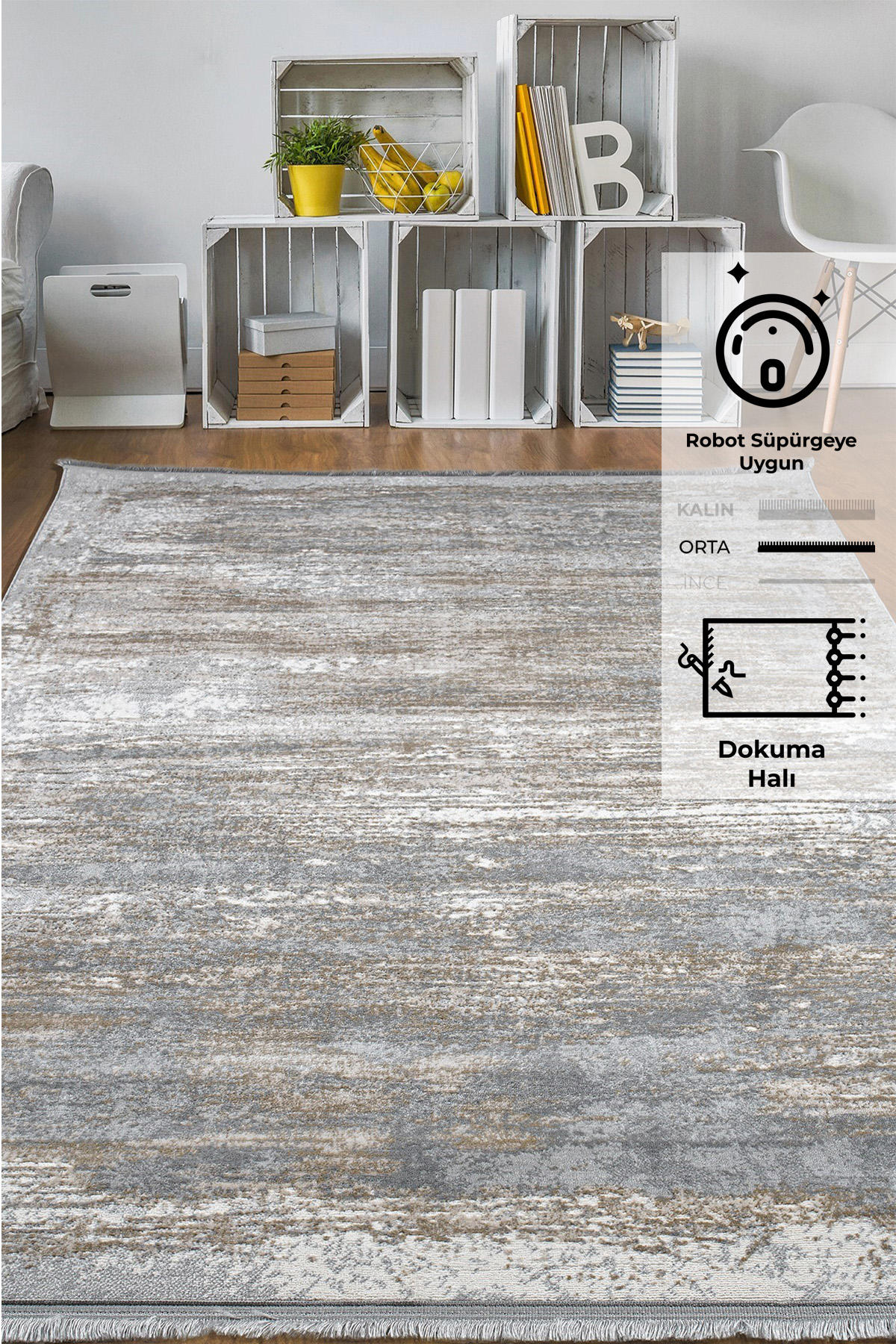 Konfor Halı Notta 1120 Gri 7 mm Polyester Yıkanabilir Dikdörtgen Makine Dokuma Salon Halısı 160x235 cm