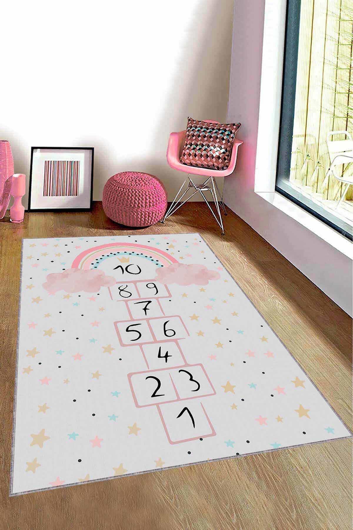 Viva Home AR1343 Ekru 7 mm Mikropolyester Silinebilir Yıkanabilir Orta Kaymaz Figürlü Dikdörtgen Makine Dokuma Çocuk Odası Halısı 100x400 cm