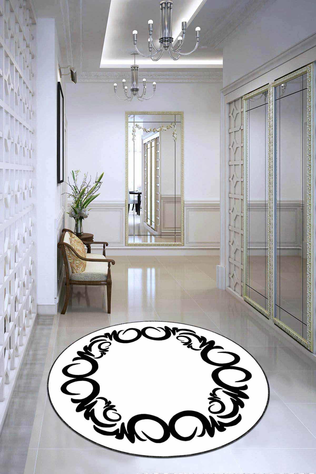 Viva Home AR596 Beyaz 7 mm Mikropolyester Leke Tutmaz Yıkanabilir İnce Kaymaz Dot Taban Yuvarlak Makine Dokuma Antre Halısı 150x230 cm