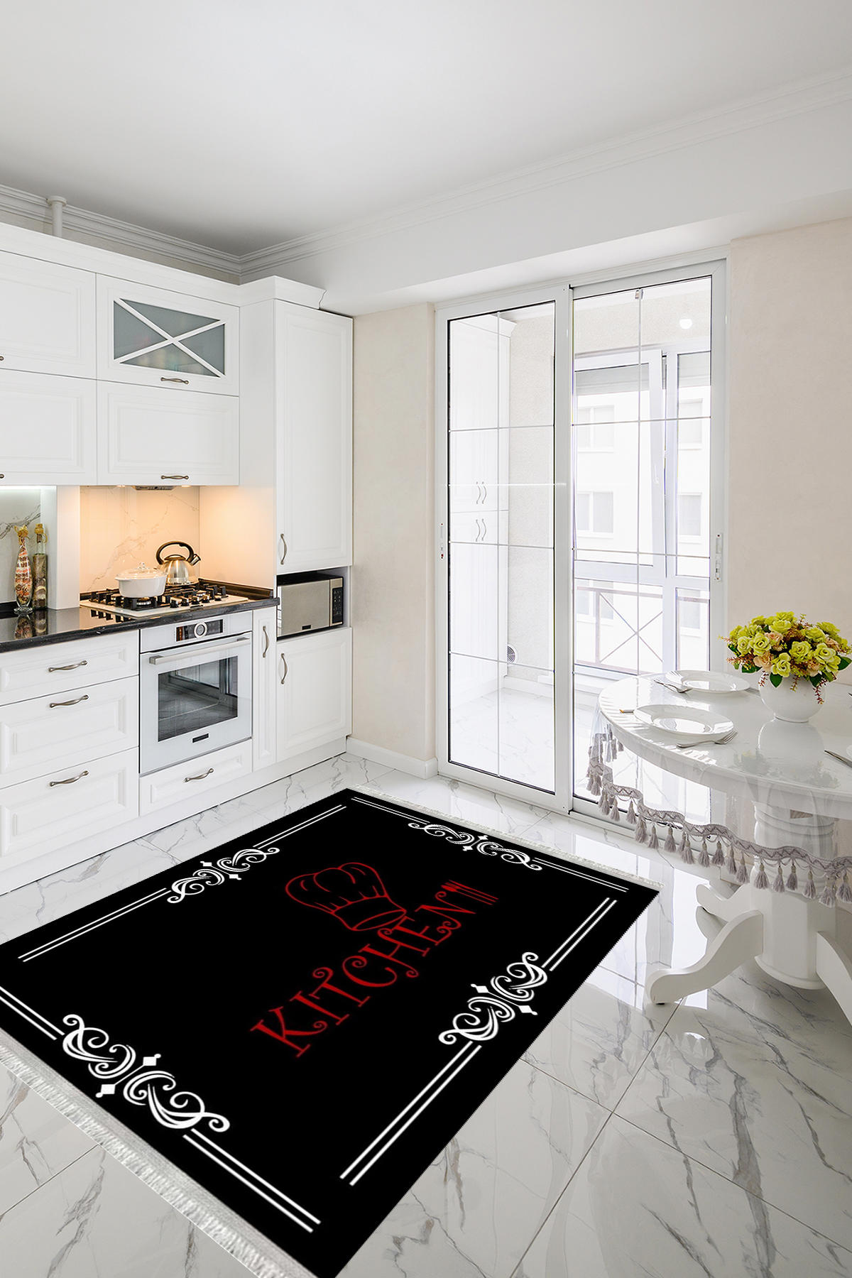 Homier Collection H-MK-9026A Beyaz - Siyah 7 mm Pamuk Antibakteriyel Yıkanabilir Orta Kaymaz Dot Taban Dikdörtgen Makine Dokuma Salon Halısı 80x150 cm