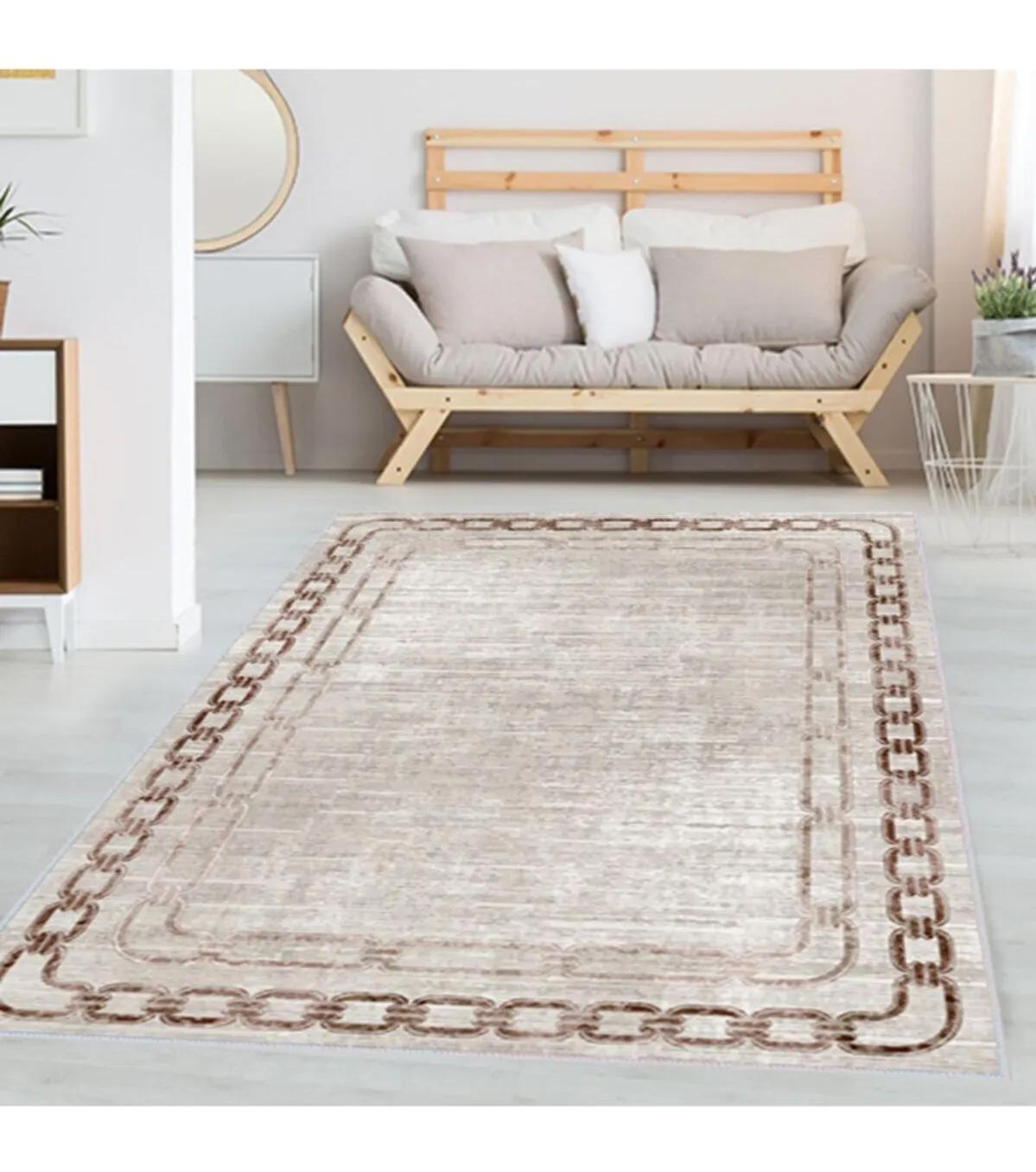 Rovigo Home RVG1375-HT899 Krem 8 mm Polyester Leke Tutmaz-Toz Tutmaz Yıkanabilir İnce Kaymaz Dot Taban Dikdörtgen Makine Dokuma Salon Halısı 120x180 cm