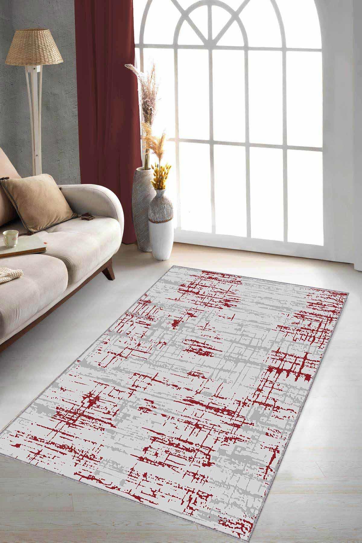 Viva Home ES08 Kırmızı 7 mm Mikropolyester Yıkanabilir Kaymaz Taban Dikdörtgen Makine Dokuma Halı 180x250 cm