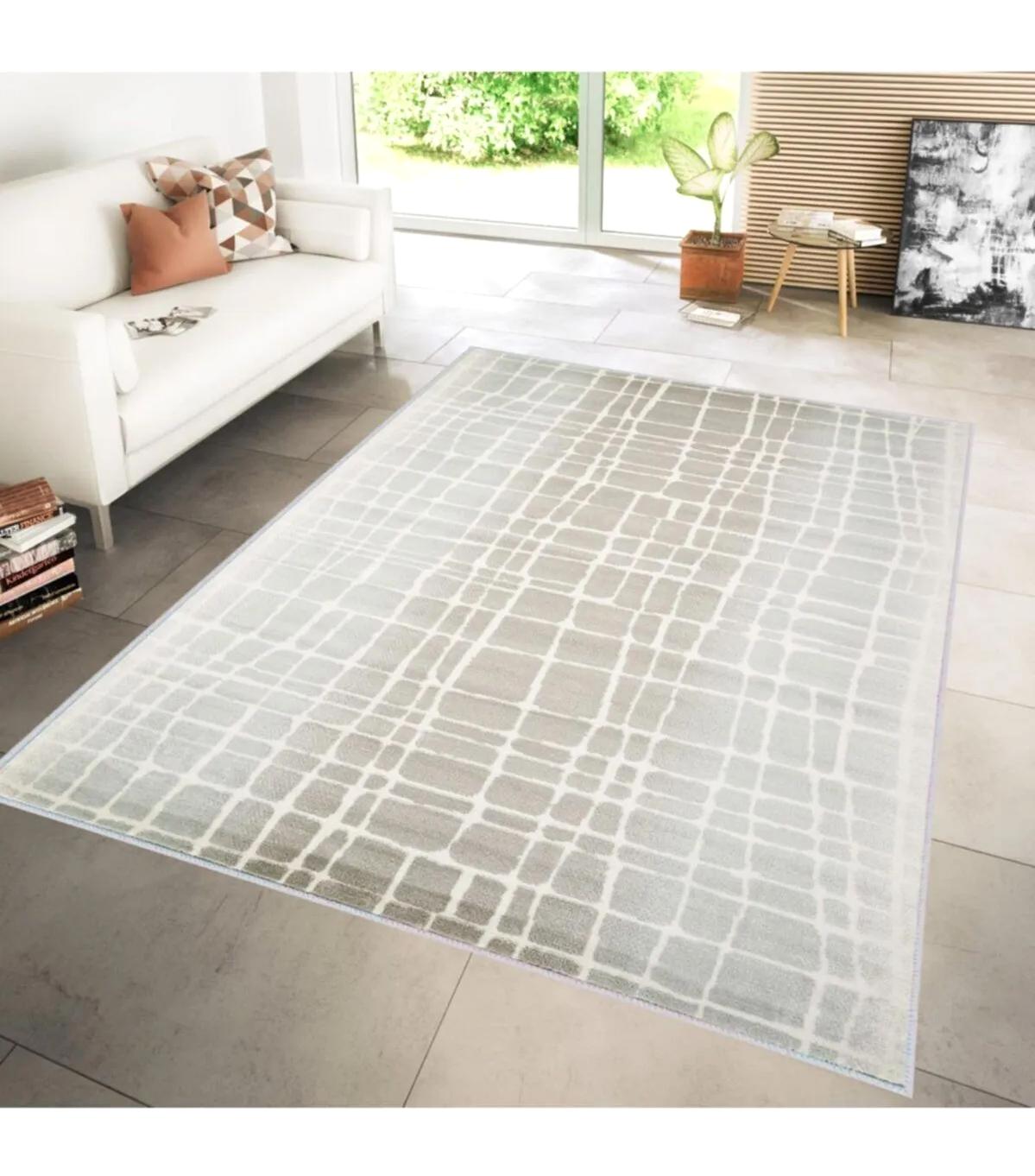 Rovigo Home RVG1184 Krem 8 mm Polyester Leke Tutmaz-Toz Tutmaz Yıkanabilir İnce Kaymaz Dot Taban Dikdörtgen Makine Dokuma Salon Halısı 100x200 cm