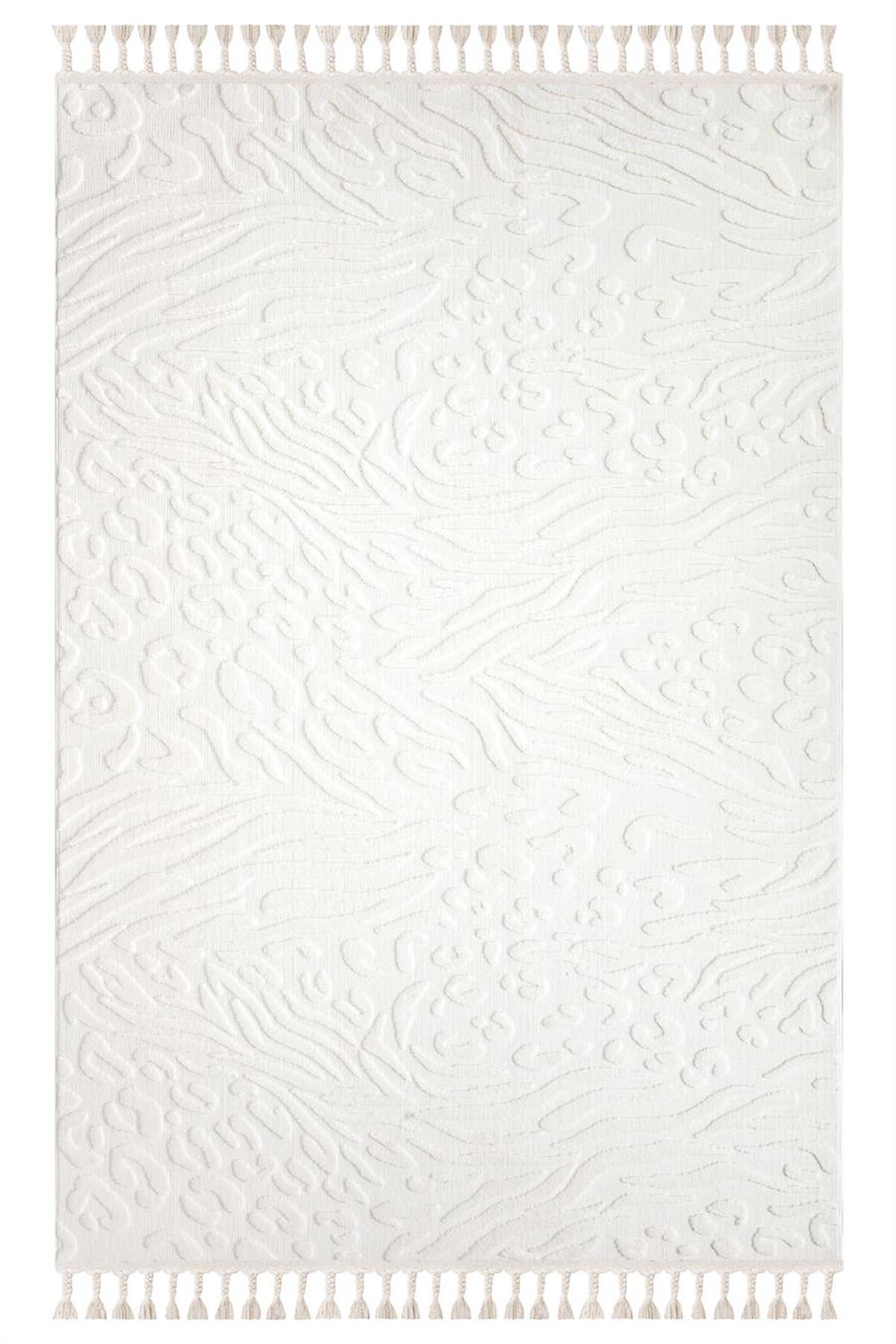 İpek Mekik Halı Lux 11704 Beyaz 11 mm Polyester Yıkanabilir Orta Kaymaz Pamuk Taban Dikdörtgen Makine Dokuma Antre-Çocuk Odası-Salon-Yatak Odası Halısı 160x233 cm