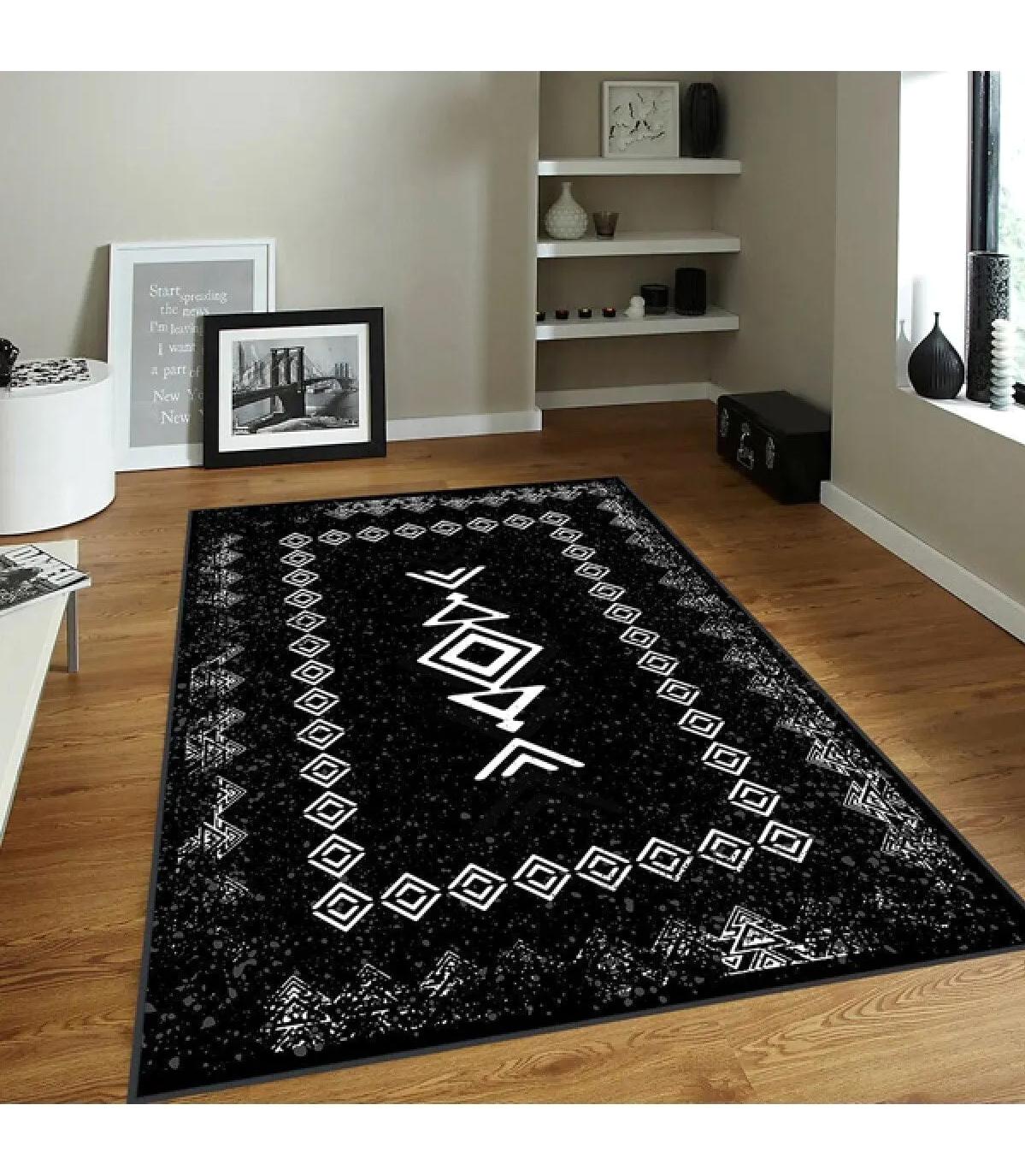 Rovigo Home RVG0097-SD1045 Beyaz - Siyah 8 mm Polyester Yıkanabilir Orta Kaymaz Dot Taban Dikdörtgen Makine Dokuma Salon Halısı 100x150 cm
