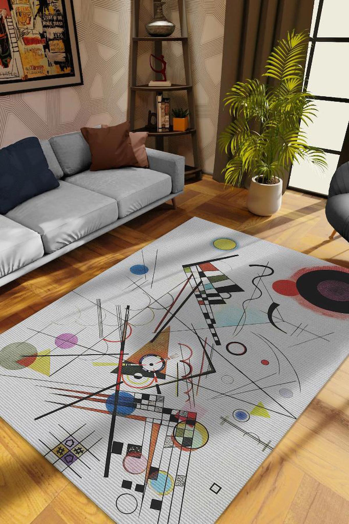 Homshtag Kompozisyon Kandinsky Krem 4 mm Pamuk Antistatik Yıkanabilir İnce Kaymaz Dikdörtgen Makine Dokuma Oturma Odası Halısı 120x180 cm
