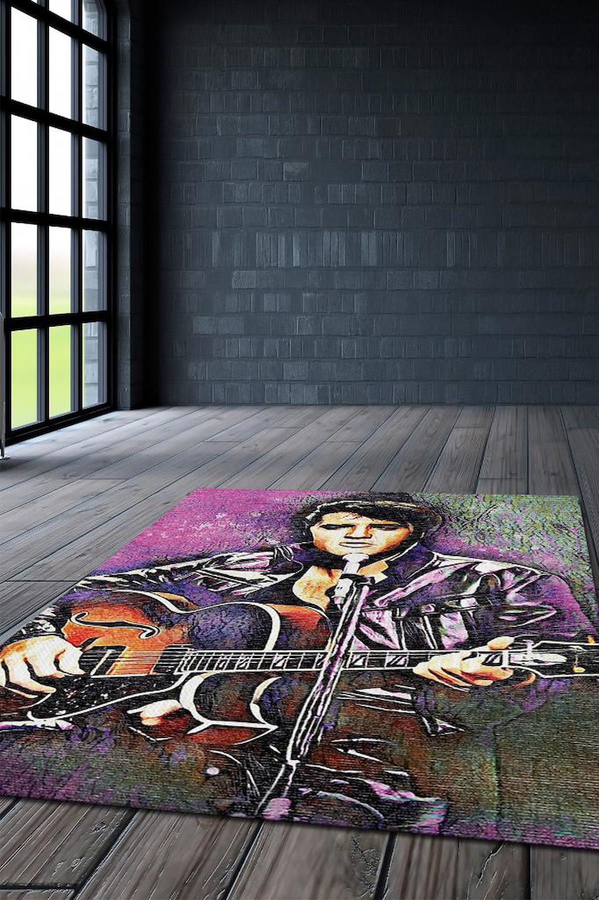 Homshtag Elvis Presley Krem 4 mm Polyester Antistatik Yıkanabilir İnce Kaymaz Dikdörtgen Makine Dokuma Hobi Odası Halısı 180x280 cm