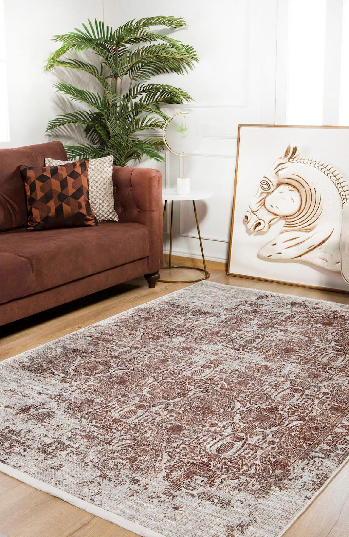 Bespoky Serpuhov Kahverengi 6 mm Pamuk Yıkanabilir İnce Kaymaz Jüt Taban Dikdörtgen Makine Dokuma Salon Halısı 160x230 cm