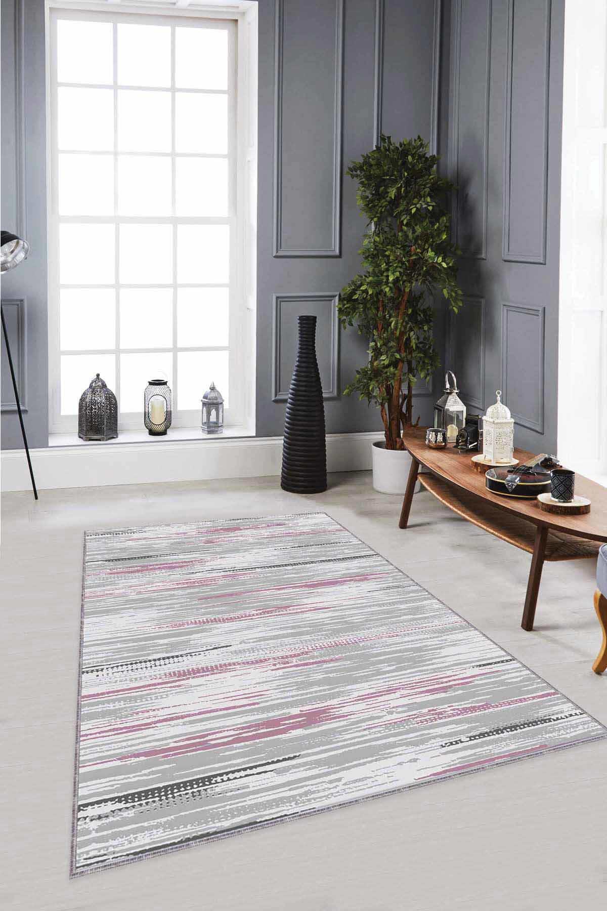 Viva Home TA04 Pembe 7 mm Mikropolyester Leke Tutmaz Yıkanabilir İnce Kaymaz Dot Taban Dikdörtgen Makine Dokuma Salon Halısı 100x300 cm