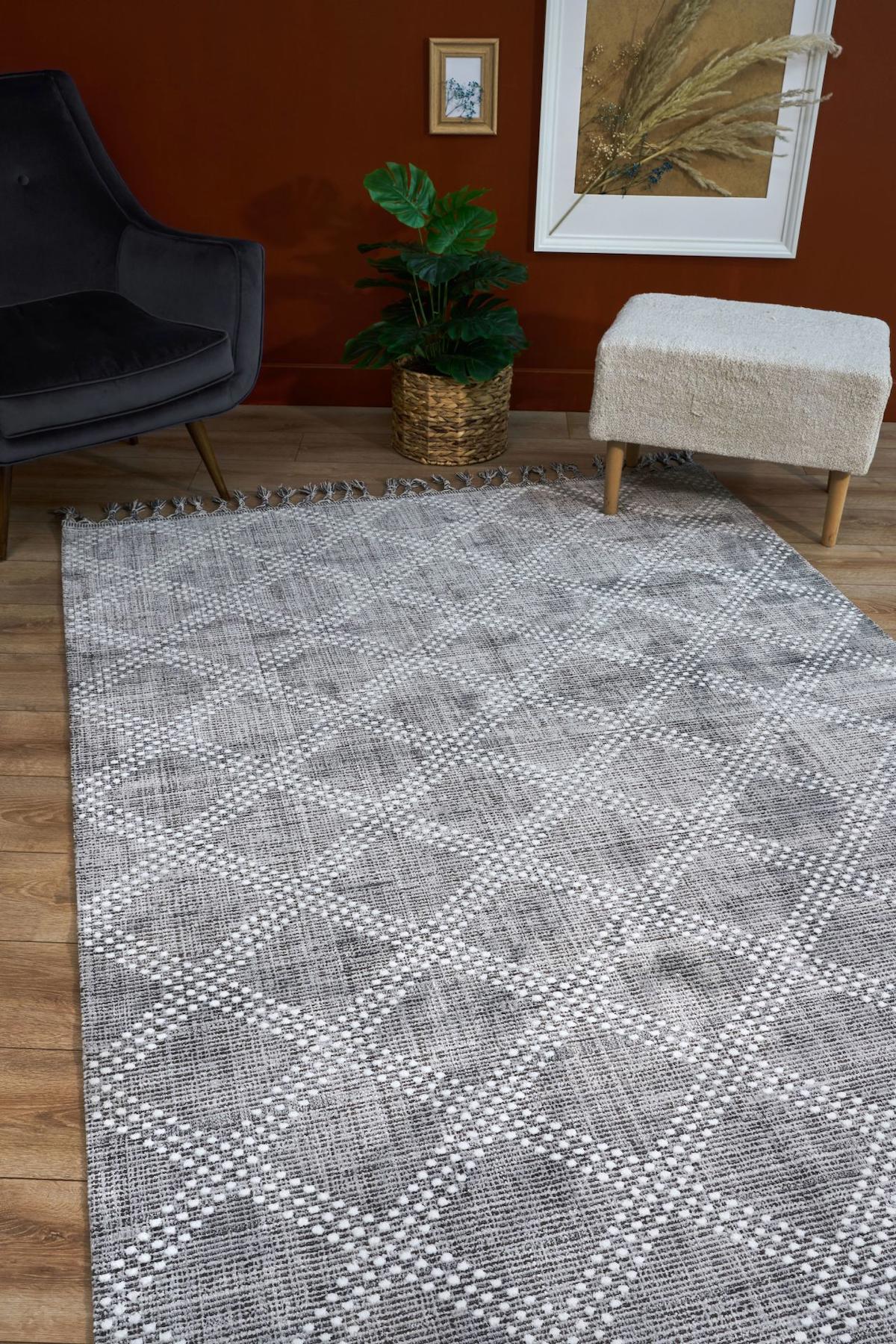 Apex Marakeş 1615 Krem Pamuk Yıkanabilir İnce Kaymaz Jüt Taban Dikdörtgen Makine Dokuma Salon Halısı 80x200 cm