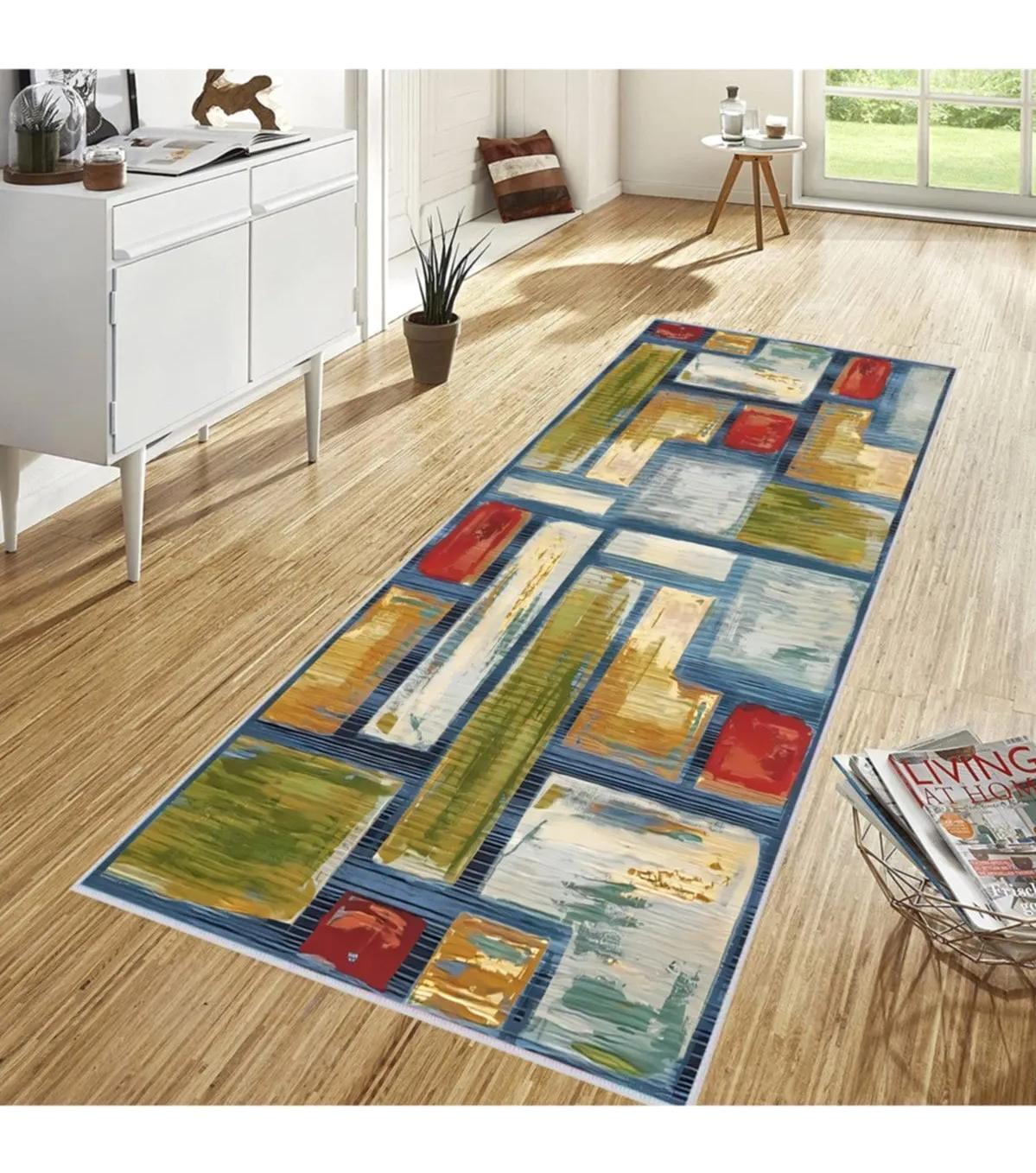 Rovigo Home RVG1689 Mavi 8 mm Polyester Leke Tutmaz-Toz Tutmaz Yıkanabilir İnce Kaymaz Dot Taban Dikdörtgen Makine Dokuma Salon Halısı 80x150 cm