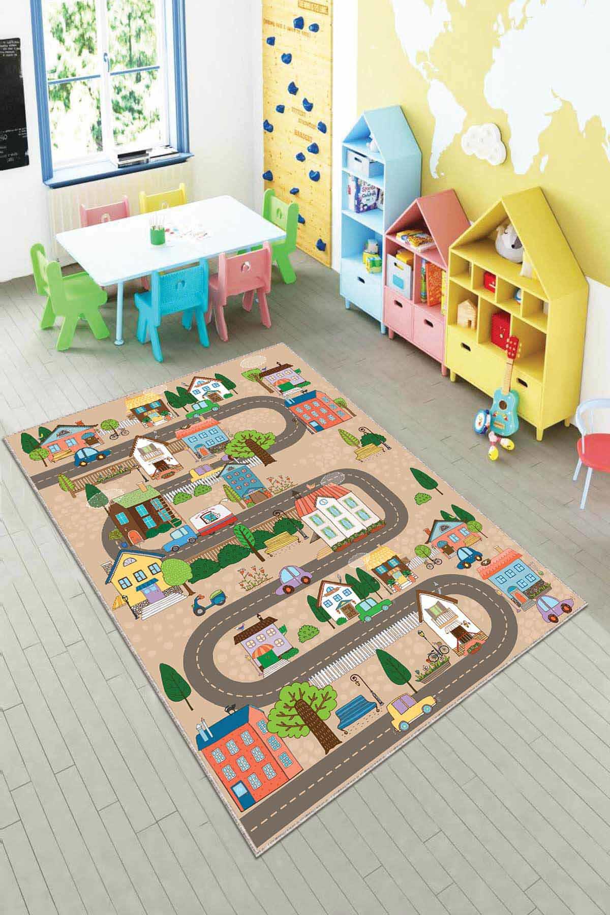 Viva Home AR1014 Bej 7 mm Mikropolyester Leke Tutmaz Yıkanabilir İnce Kaymaz Dot Taban Dikdörtgen Makine Dokuma Çocuk Odası Halısı 80x200 cm