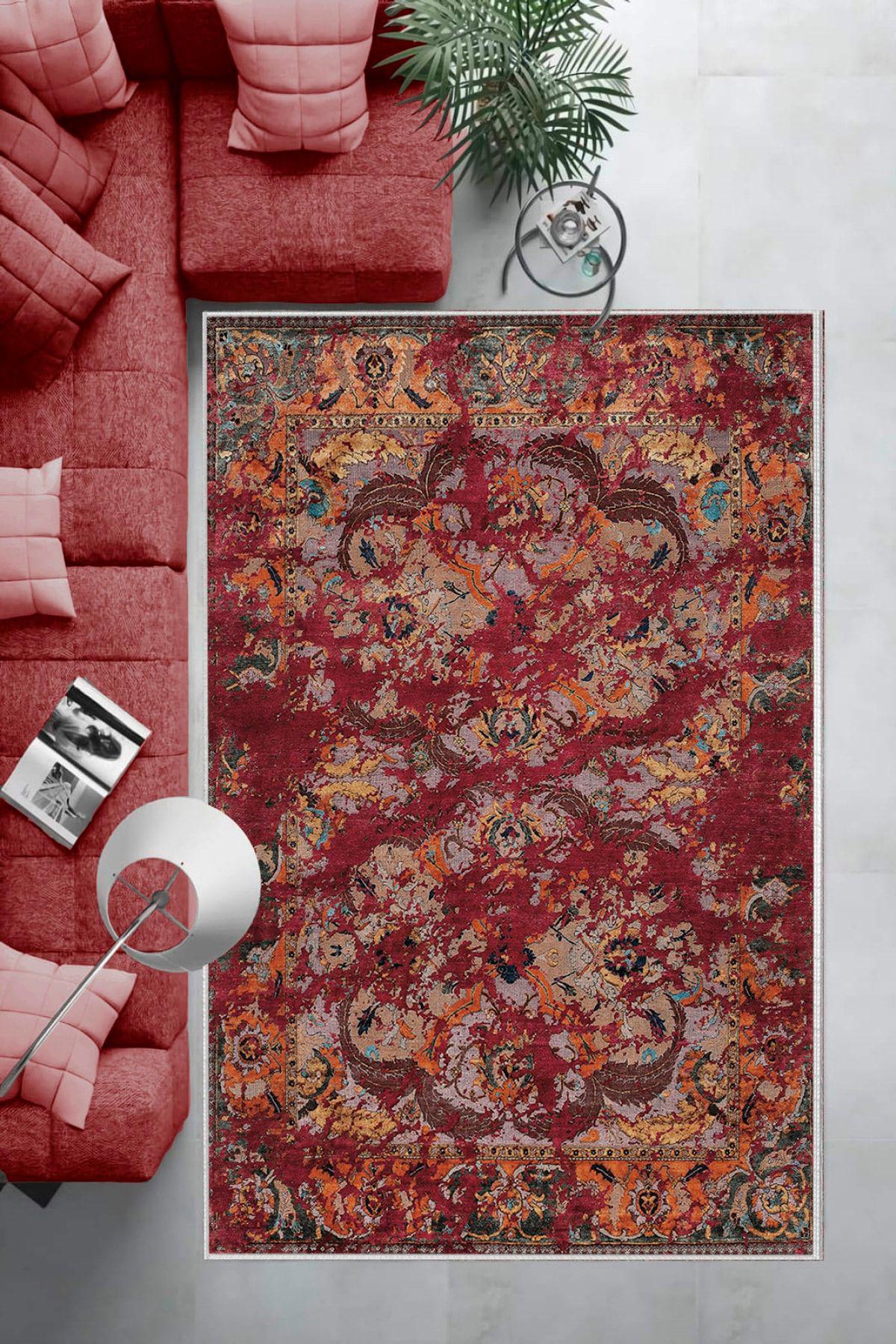 Aldora E4148 Bordo 9 mm Deri Leke Tutmaz-Toz Tutmaz Yıkanabilir Orta Kaymaz Deri Taban Dikdörtgen Makine Dokuma Salon Halısı 100x200 cm