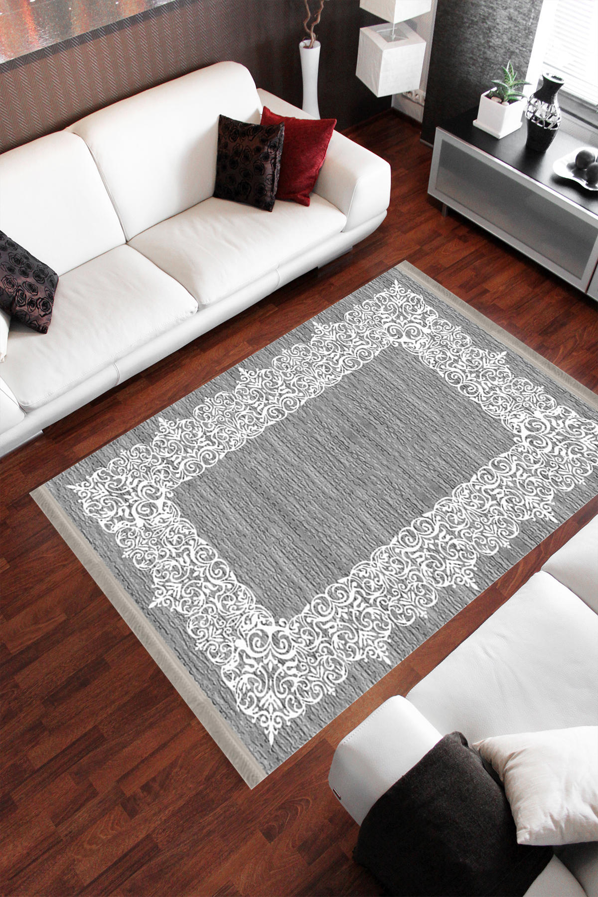 Homier Collection H-KS-3074C Gri 7 mm Pamuk Antibakteriyel Yıkanabilir Orta Kaymaz Dot Taban Dikdörtgen Makine Dokuma Salon Halısı 180x280 cm