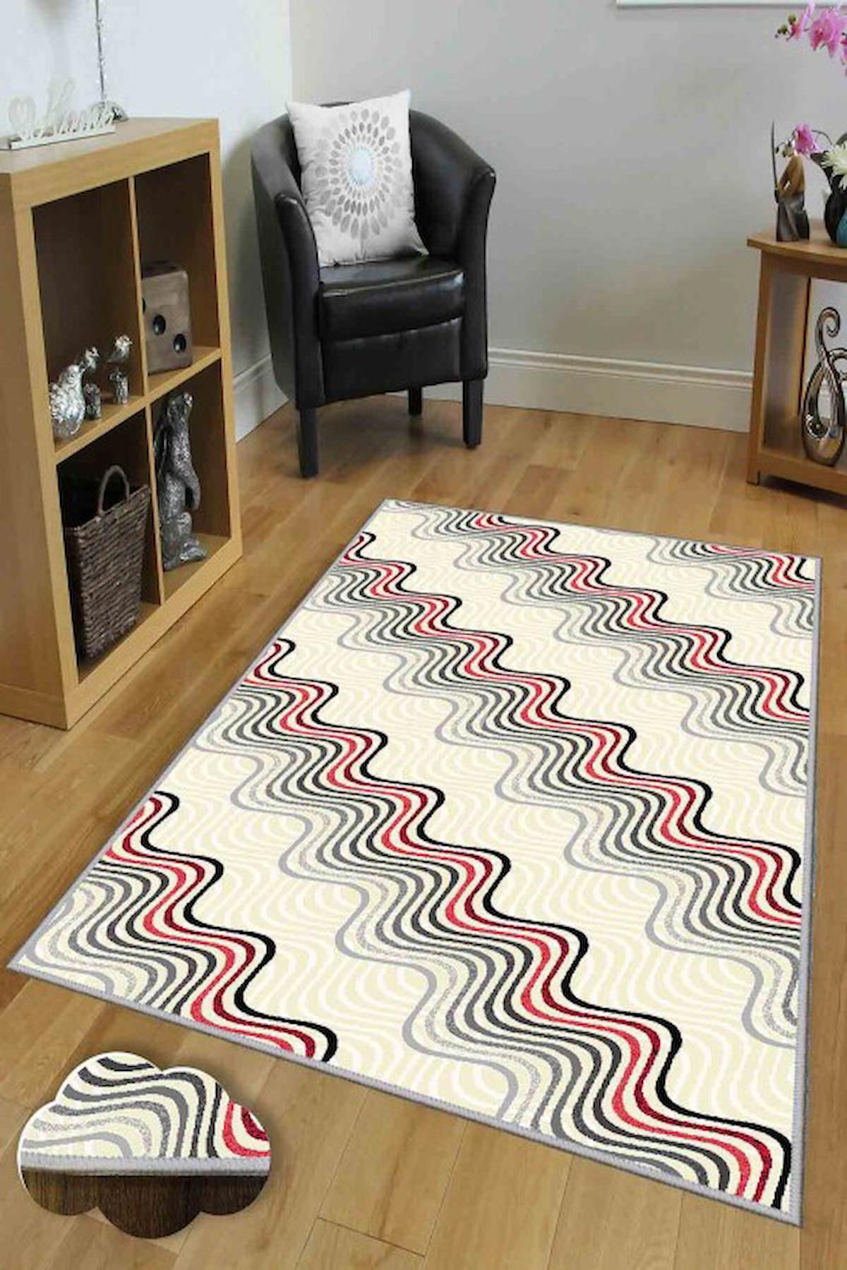 Homefesto Krem 5 mm Polyester Leke Tutmaz Yıkanabilir İnce Kaymaz Taban Yazılı Dikdörtgen Makine Dokuma Çocuk Odası Halısı 100x200 cm