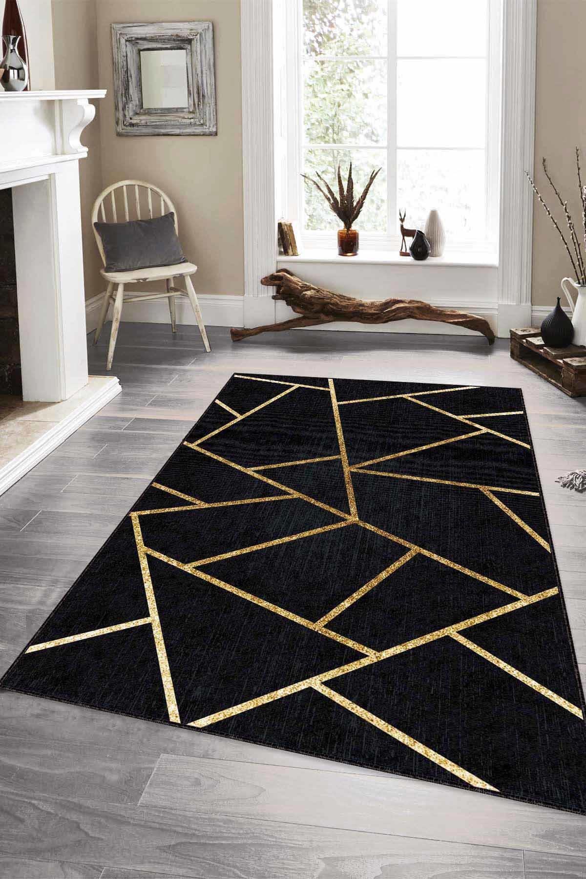 Viva Home RV161 Altın-Siyah 7 mm Mikropolyester Antibakteriyel Yıkanabilir Kalın Kaymaz Lateks Taban Dikdörtgen Makine Dokuma Salon Halısı 200x290 cm