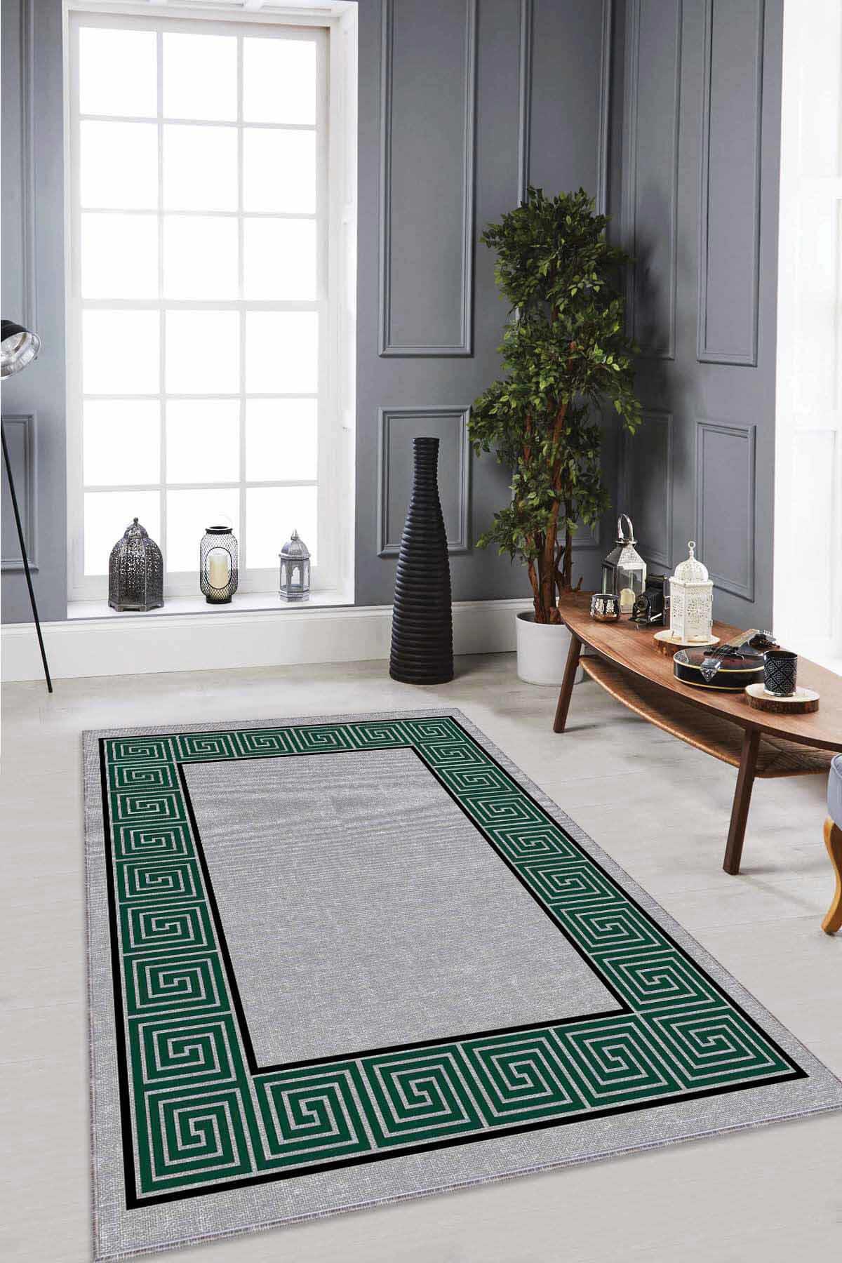 Viva Home RV048 Yeşil 7 mm Mikropolyester Yalıtıma Yardımcı Yıkanabilir İnce Kaymaz Taban Dikdörtgen Makine Dokuma Antre-Salon-Yatak Odası Halısı 120x180 cm