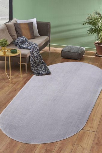 Dijidekor Gri 20 mm Peluş Antibakteriyel Yıkanabilir Kalın Kaymaz Dot Taban Oval Makine Dokuma Oturma Odası Halısı 200x300 cm