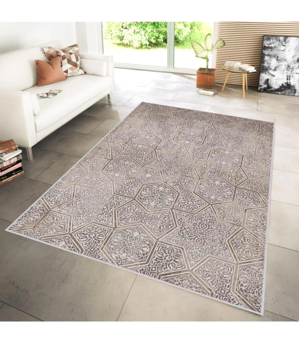 Rovigo Home RVG1278 Vizon 8 mm Polyester Leke Tutmaz-Toz Tutmaz Yıkanabilir İnce Kaymaz Dot Taban Dikdörtgen Makine Dokuma Oturma Odası Halısı 80x150 cm