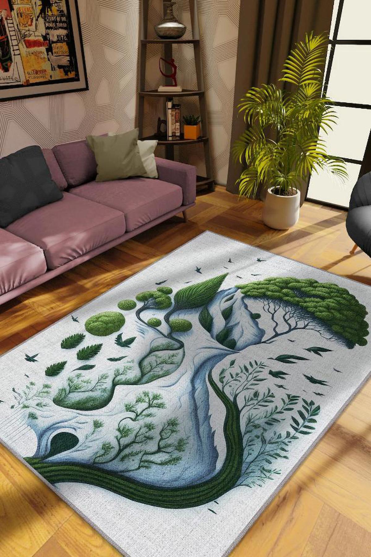 Homshtag Yeşil ve Özgür Çok Renkli 4 mm Pamuk Antistatik Yıkanabilir İnce Kaymaz Dikdörtgen Makine Dokuma Oturma Odası Halısı 200x300 cm