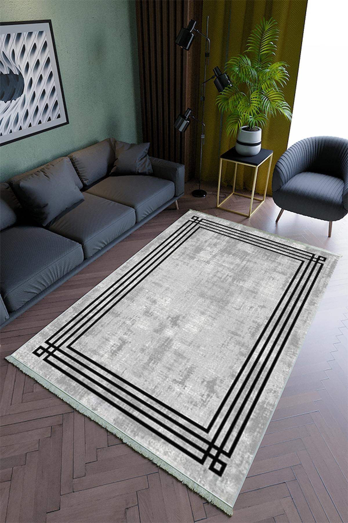 10 Post Online Gri 4 mm Polyester Hipoalerjenik Yıkanabilir İnce Kaymaz Taban Dikdörtgen Makine Dokuma Salon Halısı 133x190 cm