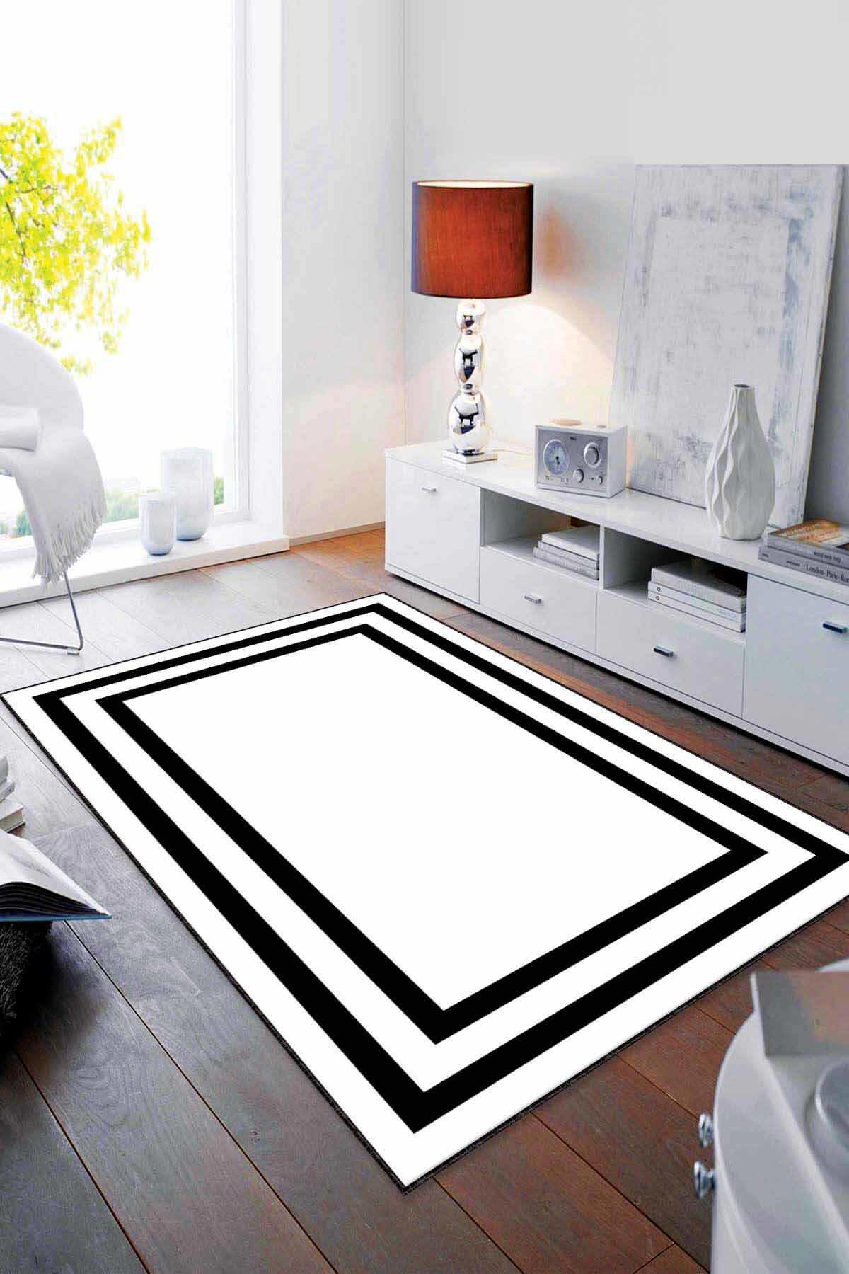 Viva Home RV098 Beyaz - Siyah 7 mm Mikropolyester Antibakteriyel Yıkanabilir Kalın Kaymaz Lateks Taban Dikdörtgen Makine Dokuma Salon Halısı 200x290 cm